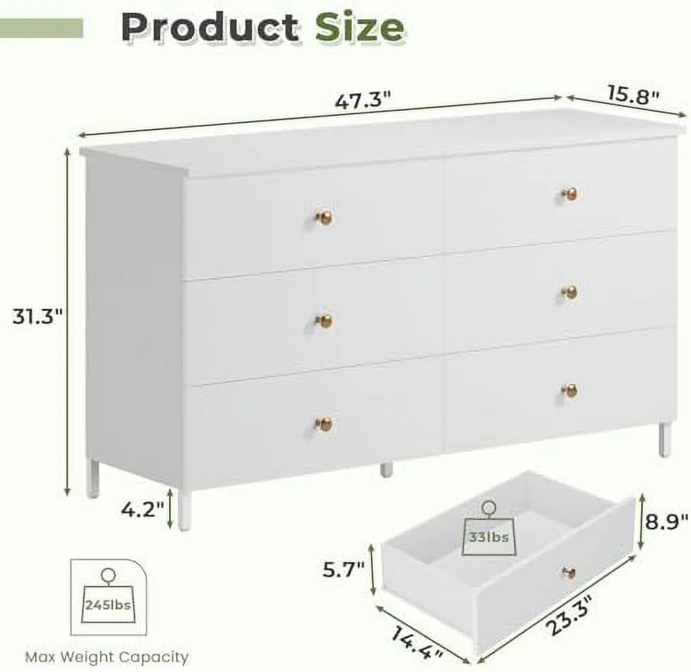 HBBOOMLIFE 6 Drawers Double Dresser Wooden Dresser with Heavy Sturdy Steel Frame Large Capacity Chest of Drawers White Dresser for Bedroom Living Room Entryway