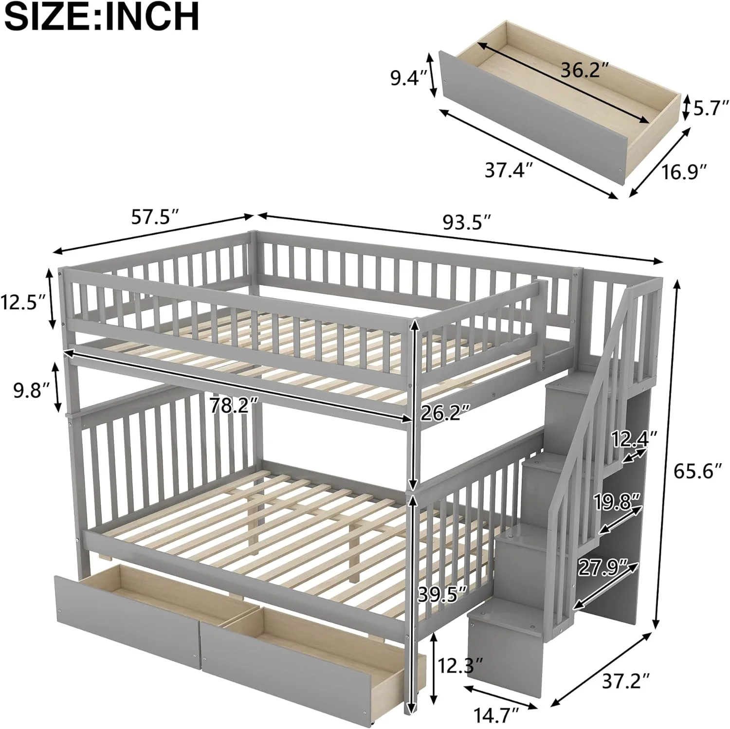 Full Over Full Bunk Beds With 2 Storage Drawers And Stairways, Wood Bunk Bed Frame With Storage Shelf For Kids,Toddlers, Teens, Adults, Dorm, Bedroom Furniture (Grey)