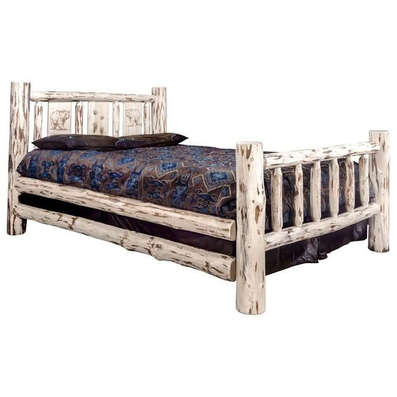 Montana Woodworks Solid Wood Twin Bed with Engraved Bear Design in Natural