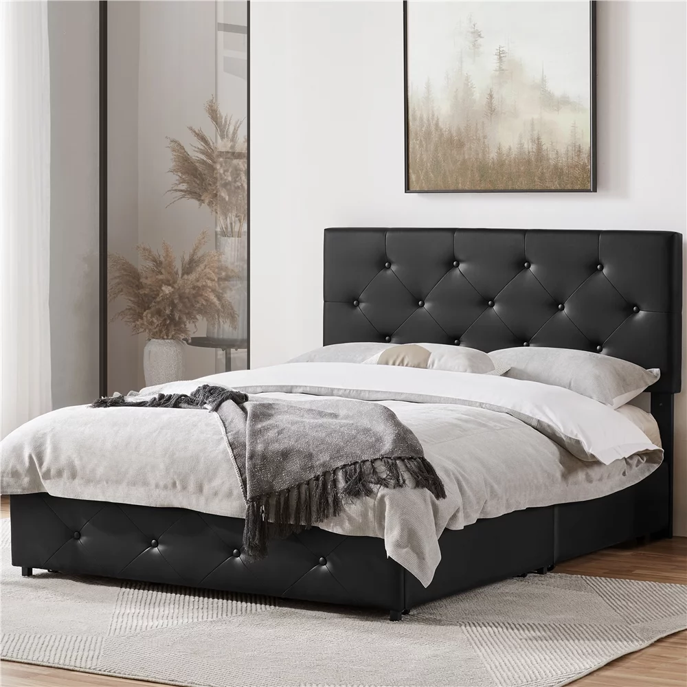 Yaheetech Upholstered Platform Bed Frame with Storage, Full Size, Black