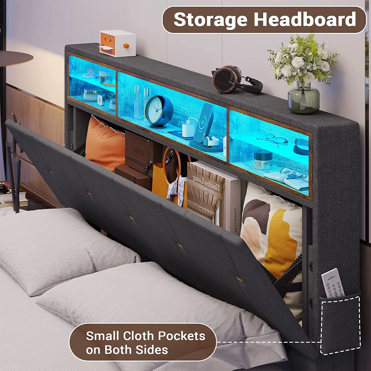 Full Size Bed Frame with LED Lights & Bookcase Headboard, Upholstered Platform Bed Frame with Hidden Storage, 2 Outlets and 2 USB Ports, Dark Grey