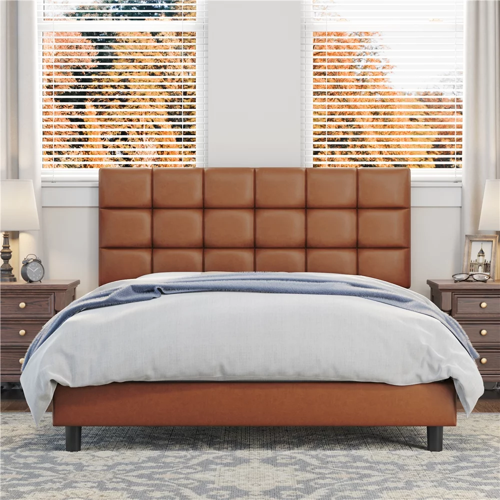 Yaheetech Modern Upholstered Platform Bed with Adjustable Tufted Headboard , Full Size, Amber Brown