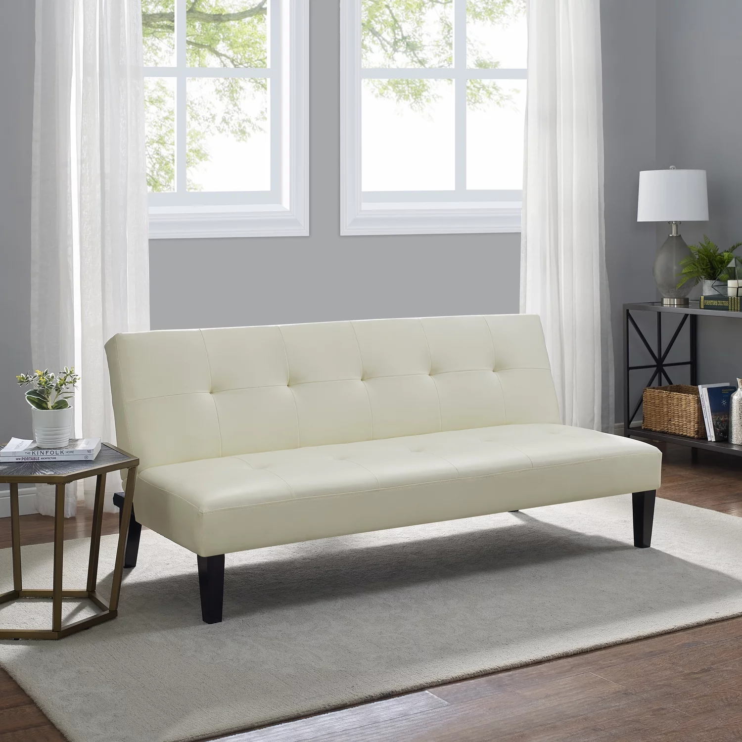 Convertible Faux Leather Futon Sofa Bed, Button Tufted Folding Sofa Couch with Wooden Legs, Cream