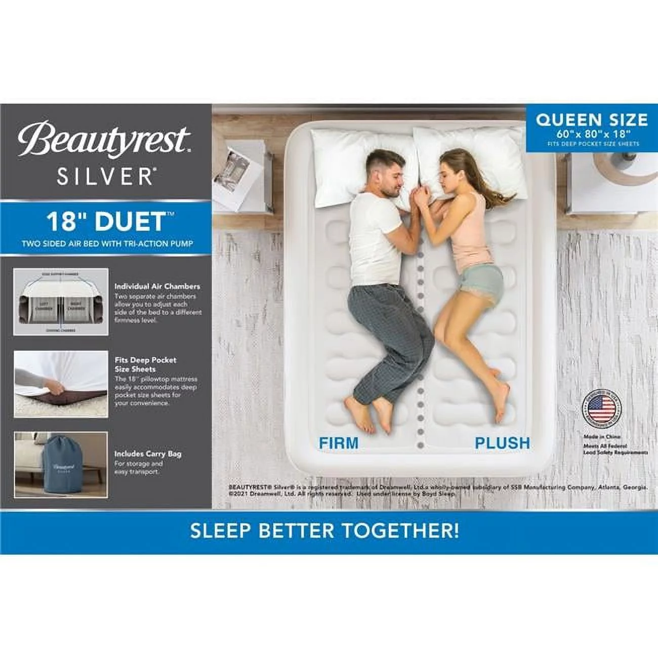 18 in. Beautyrest Silver Duet Air Mattress with 3 Adjustable Chambers, White & Blue - Queen Size