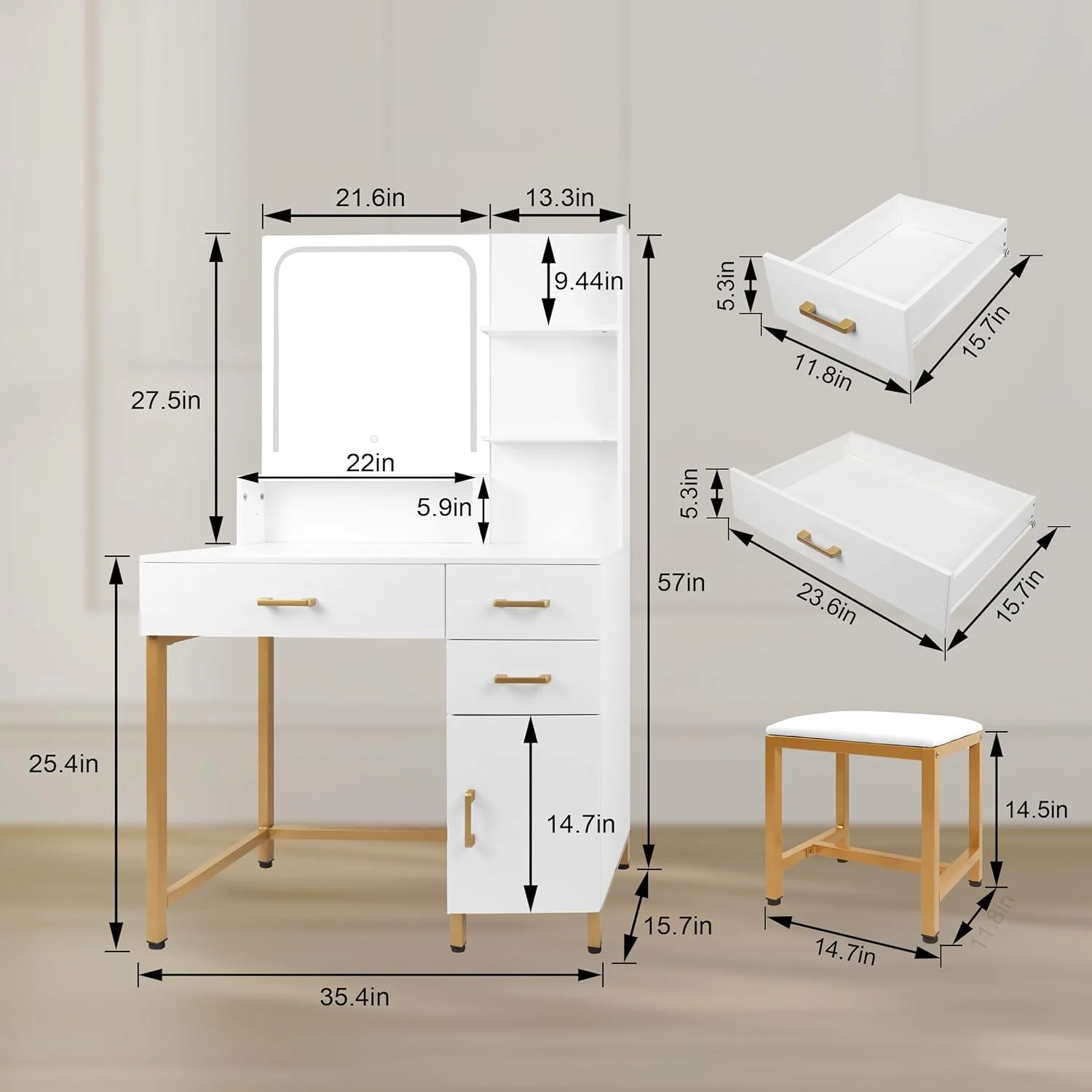 DOUSY Vanity Desk with Mirror and Lights and Stool, Makeup Vanity Desk Dressing Table with 3 Drawers, Storage Open Shelves, Side Chest, Girls Vanity Table Set with Cushioned Stool for Bedroom