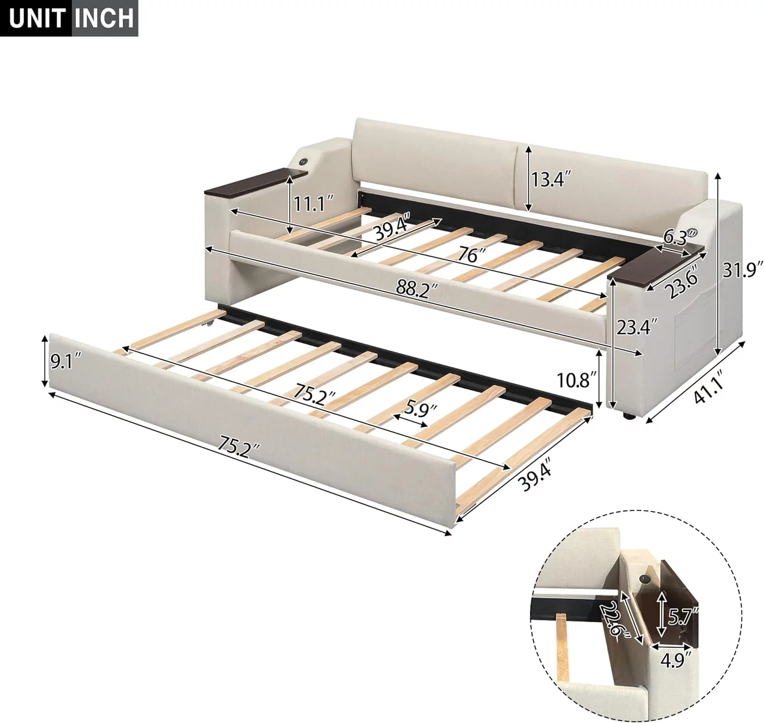 Size Daybed With Trundle And USB Ports, Linen Upholstery Bed With 2 Storage Arms, Wood Sofa Bed For Living Room Bedroom, No Box Spring Needed (Beige)