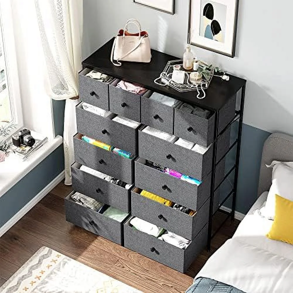 CCBIUOMBO Dresser for Bedroom with 12 Drawers Tall Dressers & Chest of Fabric Storgae Closet Clothes Wooden Top Metal Frame Grey 12" D x 41" W 44" H