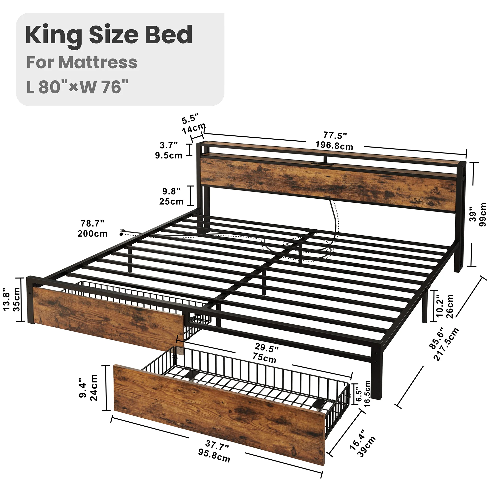 LIKIMIO King Bed Frame, 2 Tier Storage Headboard wirh Charging Station and 2 drawers,Vintage Brown