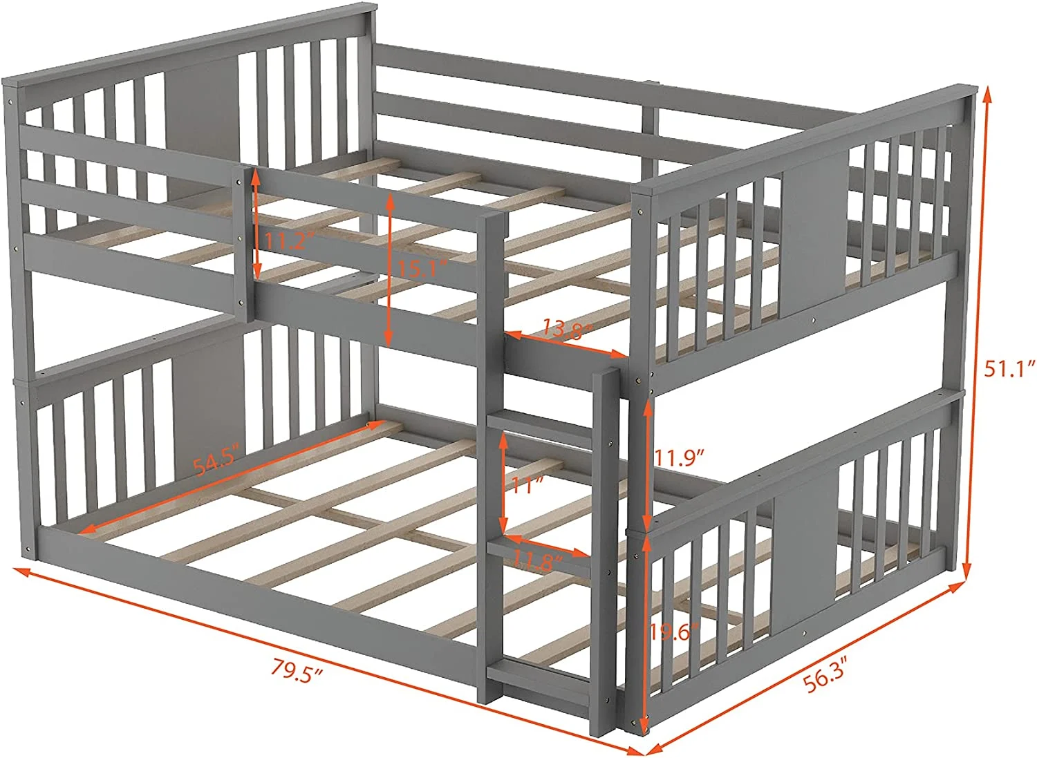 Over Low Bunk Bed With Headboard And Footboard, Wooden Bunk Bed With Ladder, For Toddlers Kids Boys Girls - Gray