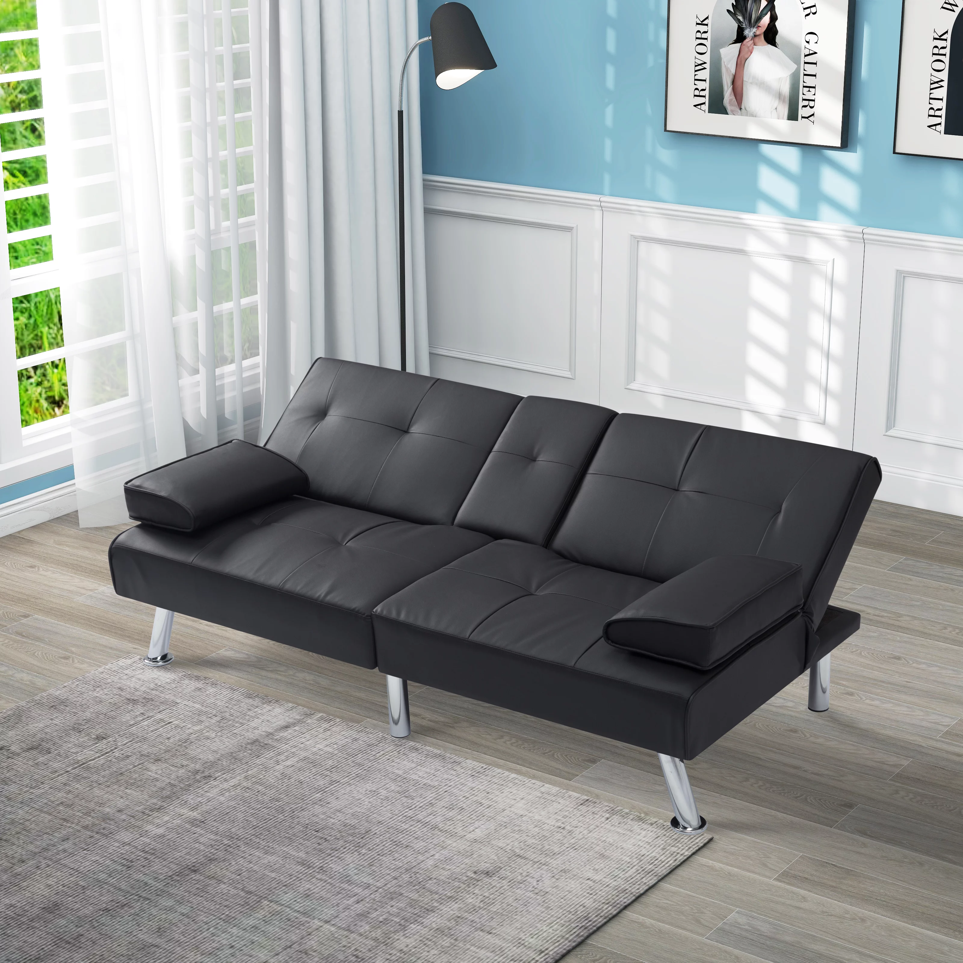 BSHTI 66.9 inch Modern Stylish Futon Sofa Bed with Two Cupholders(Black)