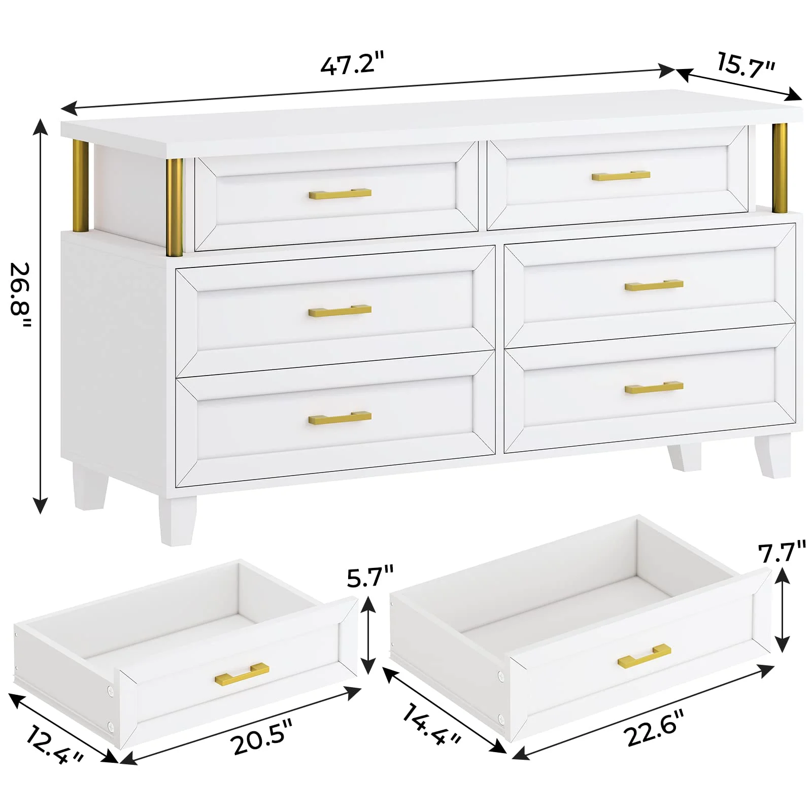 EPHEX 6 Drawer Dresser with Led Light, Dressers and Chests of Drawers with Column Design, Modern Bedroom Wood Long Closet Dresser, White