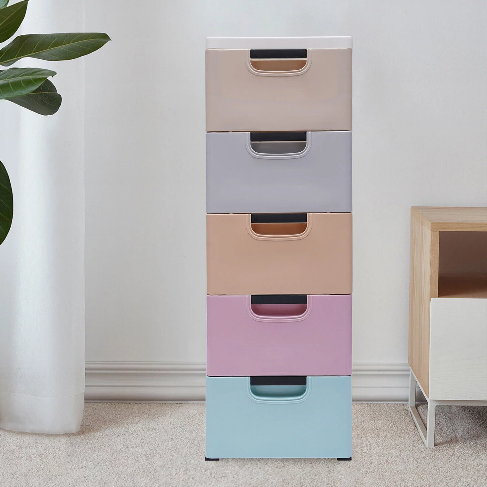 ZhdnBhnos 5-Drawer Storage Cabinet Plastic Dresser Chest Clothes Toys Snacks Tower Closet Wardrobe Organizer with Wheels For Bedroom Living Room Playroom