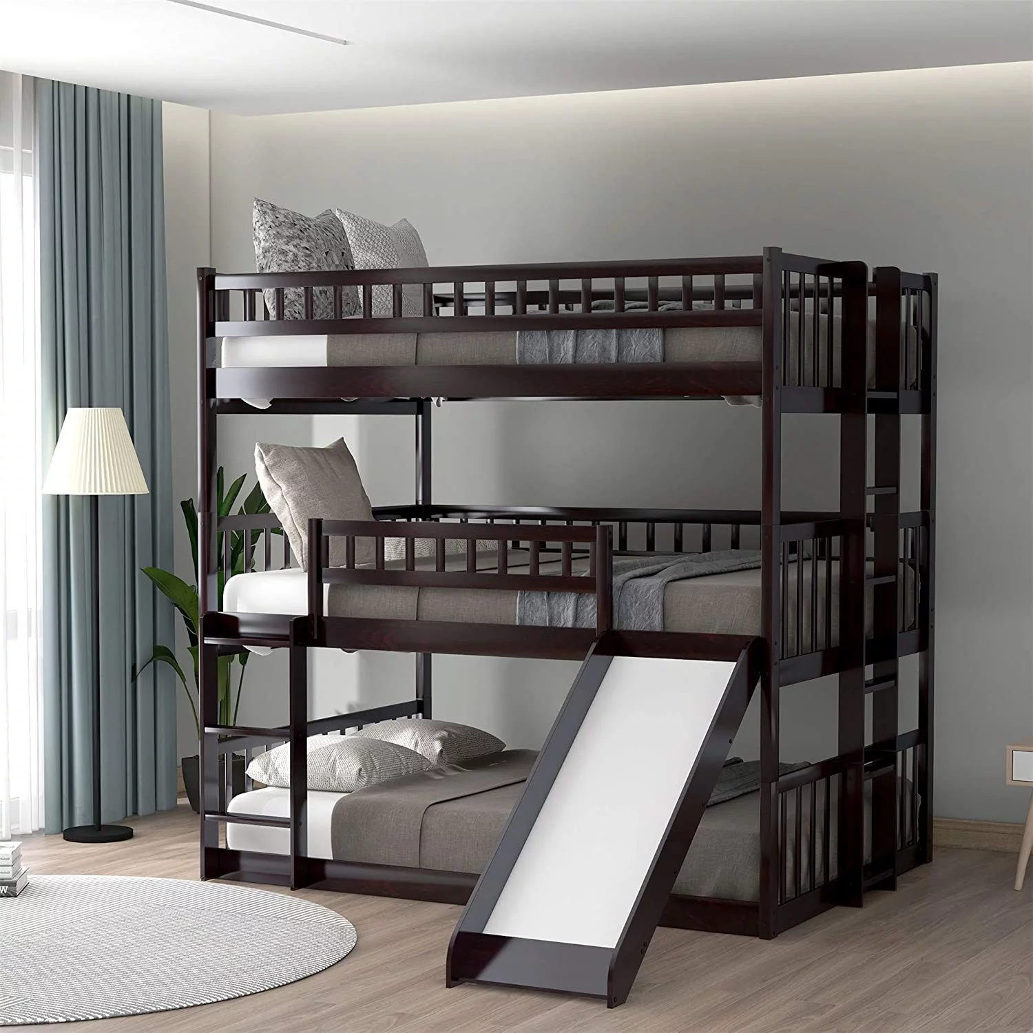 Churanty Triple Bunk Bed Full over Full over Full Triple Bed with Built-in Ladder and Slide for Kids,Espresso