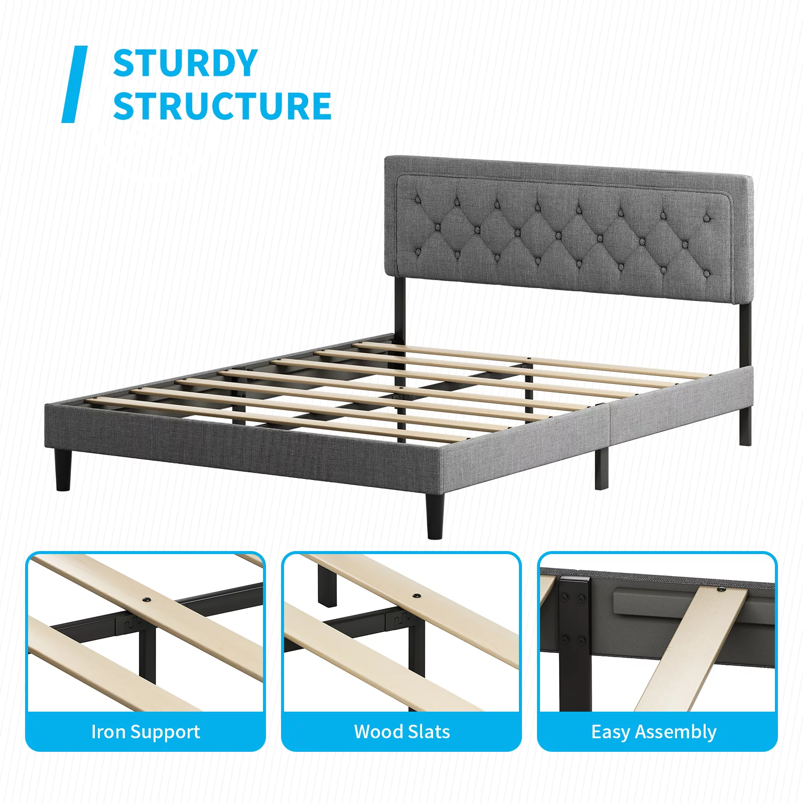MUZZ Modern King Size Button Tufted Bed Frame, Upholstered Line Platform Bed Frame with Adjustable Headboard/ Strong Wood Slats Support/ Mattress Foundation/ Easy Assembly | Dark Grey, King
