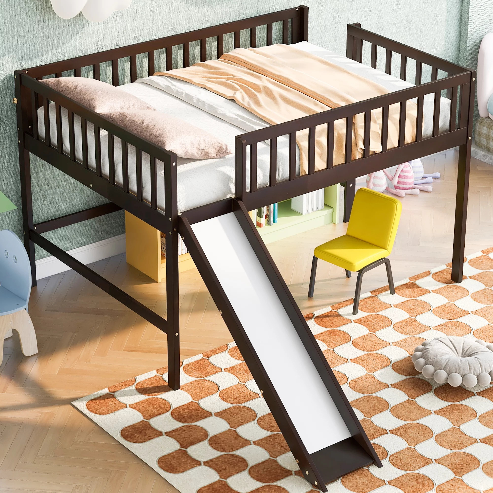 Nestfair Espresso Full Size Wood Low Loft Bed with Ladder and Slide