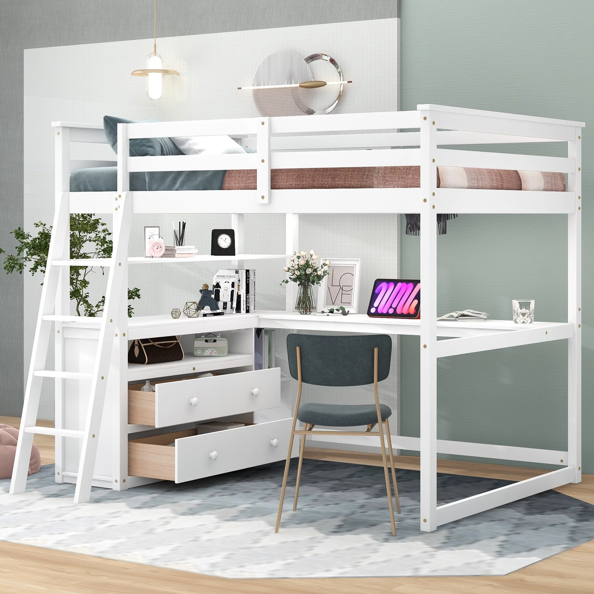 Nestfair Full Size Loft Bed with Desk and Shelves White