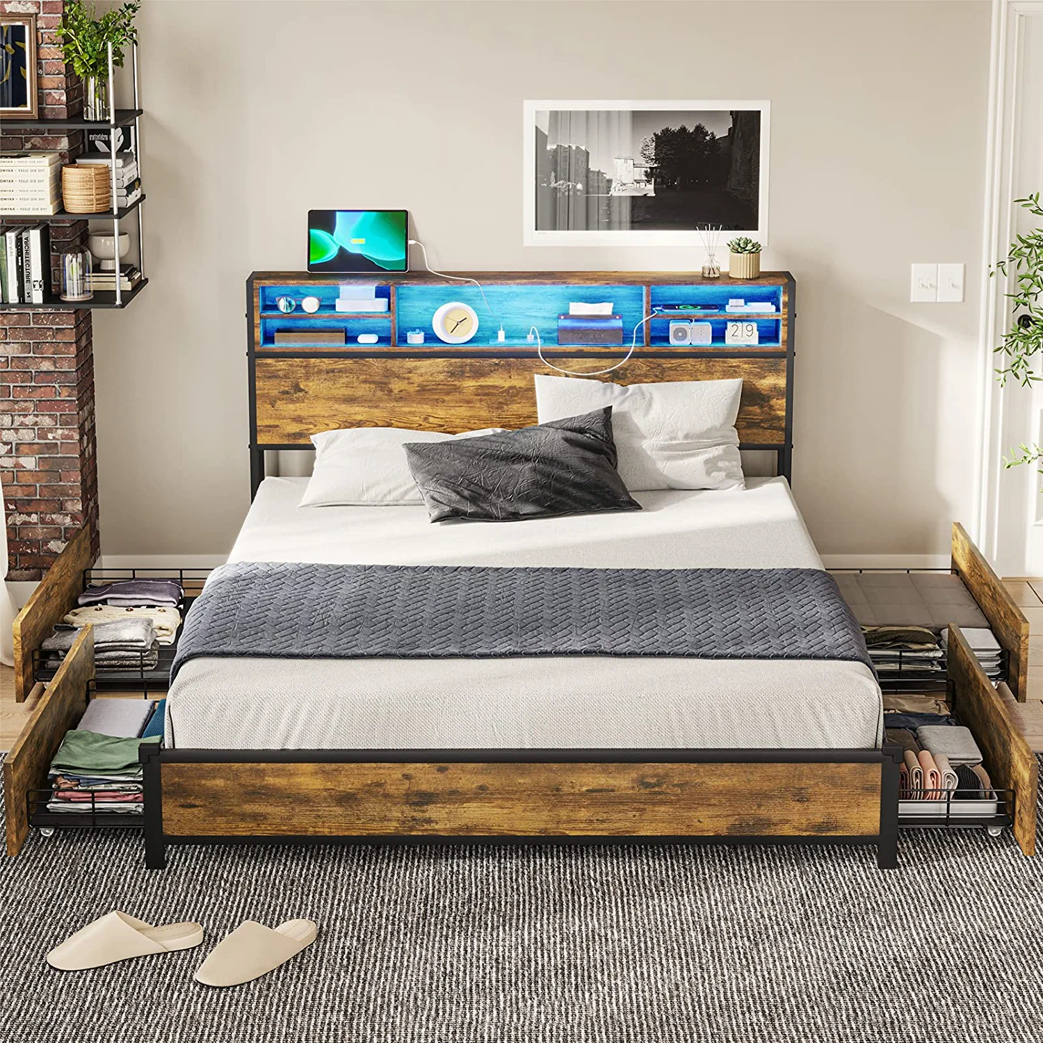 LED Bed Frame Full Size with Outlets and Bookcase Headboard, Metal Platform Bed with Storage Drawers, No Box Spring Needed, Vintage Brown