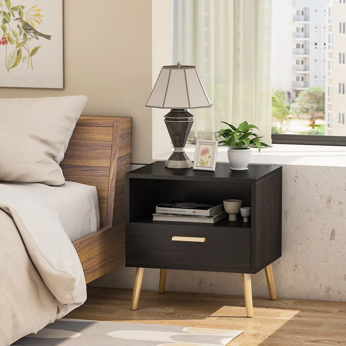TQ Timechee 20'' Tall 1 - Drawer Metal Legs Nightstand(One Piece) Dark Brown