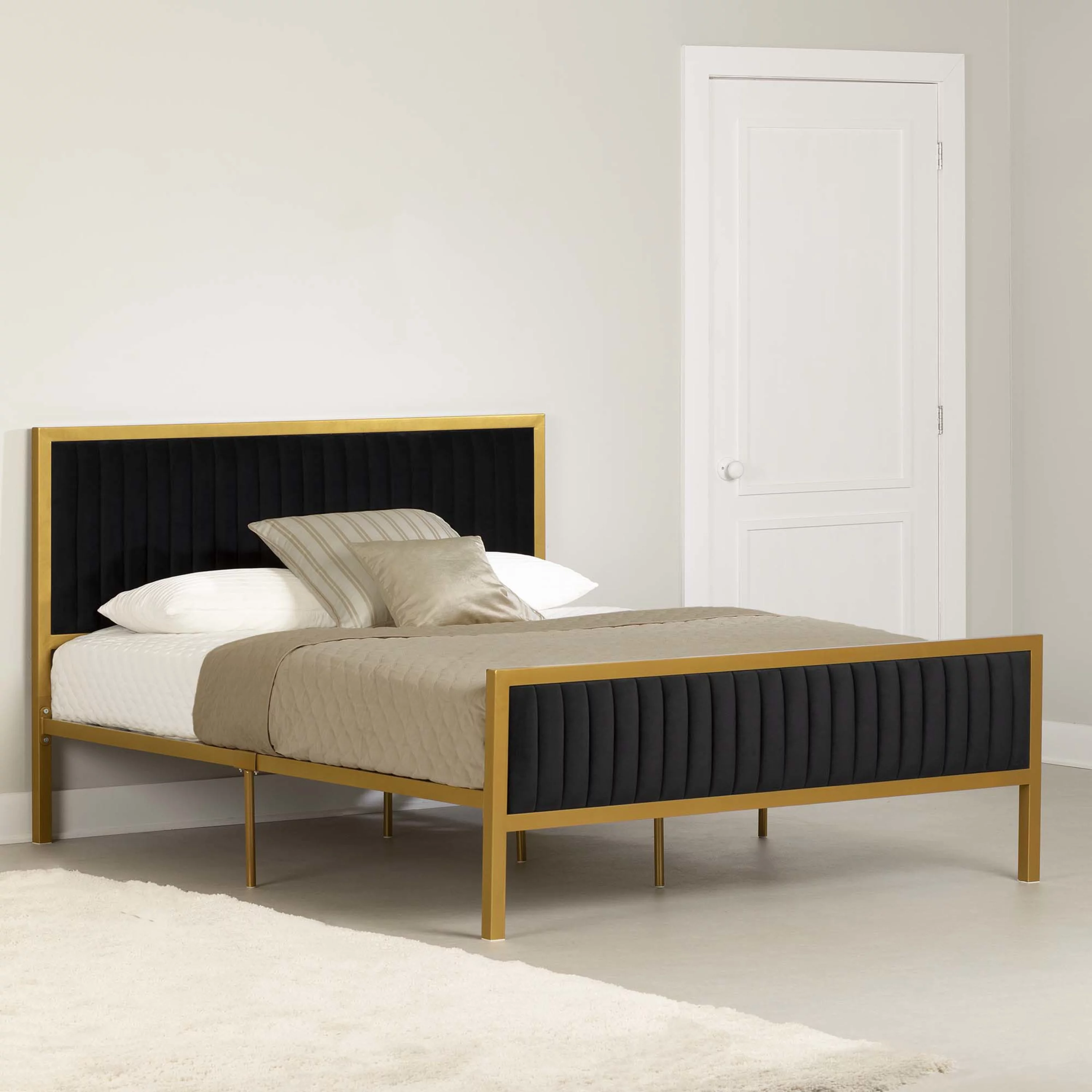 South Shore Hype, Mid-century Glam Metal-framed upholstered Queen Bed set, Black and Gold