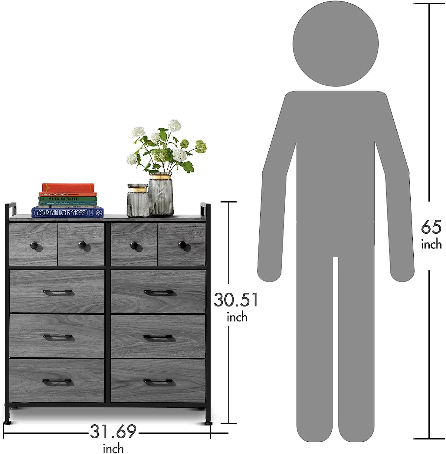 Popular WASAGUN 10 Fabric Drawers Dresser  Dresser for Bedroom with Wooden Top  Aluminum Alloy Handle and Steel Frame  Chest of Drawers for Bedroom  Closets  Dark Grey