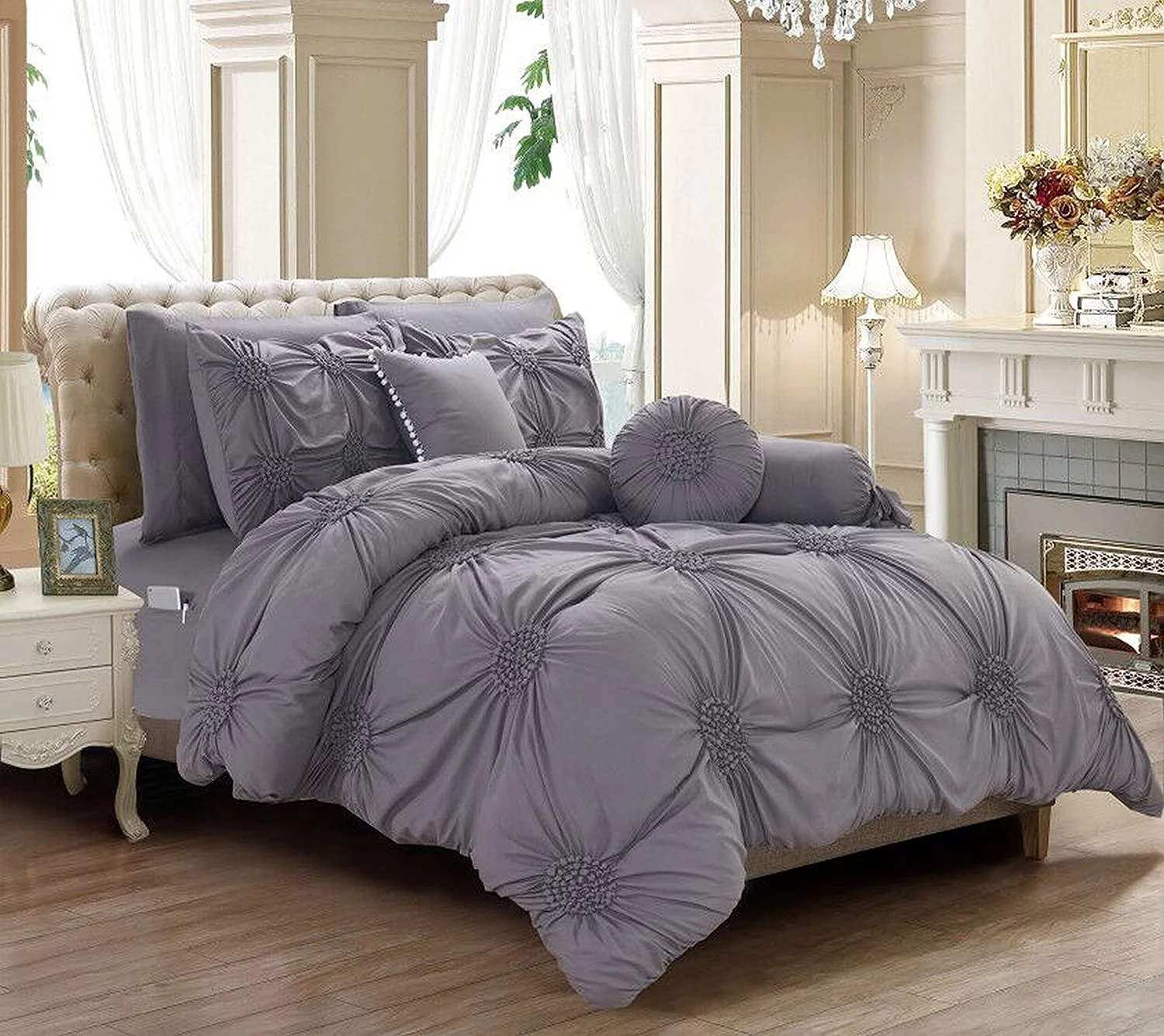 10-PIECE Bed-in-a-Bag Sunflower Comforter Set, Silky Soft Complete Comforter Set Includes Bed Sheet Set with Double Sided Storage Pockets Featured, Full/Queen, Grey