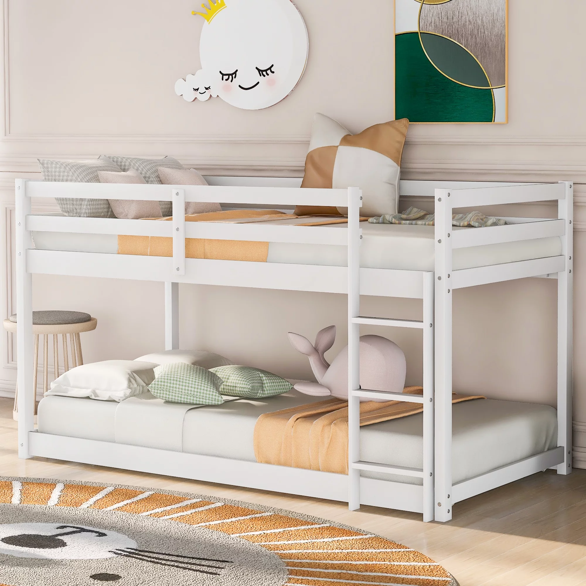 Solid Wood Twin over Twin Floor Bunk Bed with Ladder, Fence and Ladder for Toddler Kids Teens, Safety Design for Kids (White)