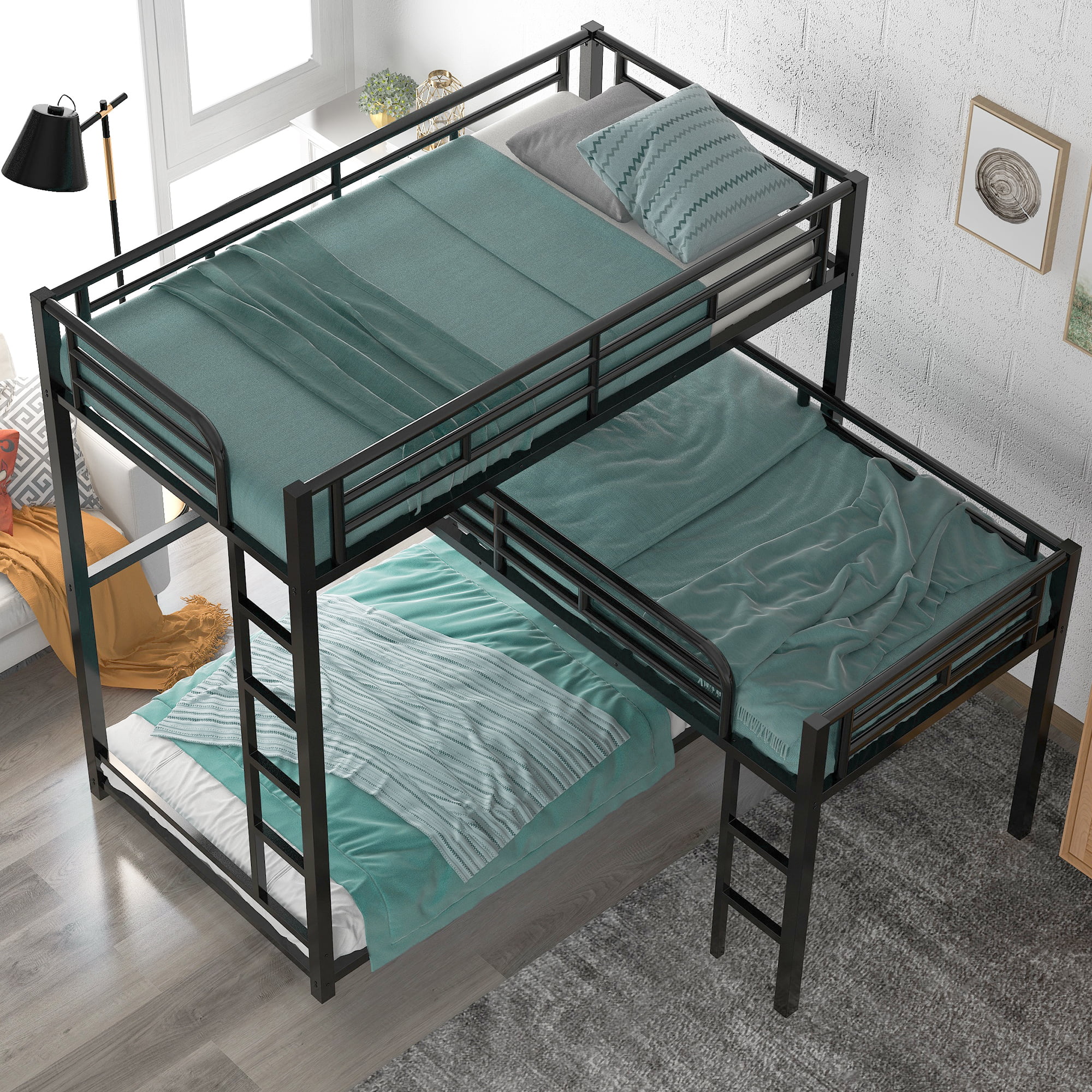 Twin over Twin Metal L-Shaped Bunk Bed with a Loft Bed, Triple Bedframe with Guardrails, and Ladders