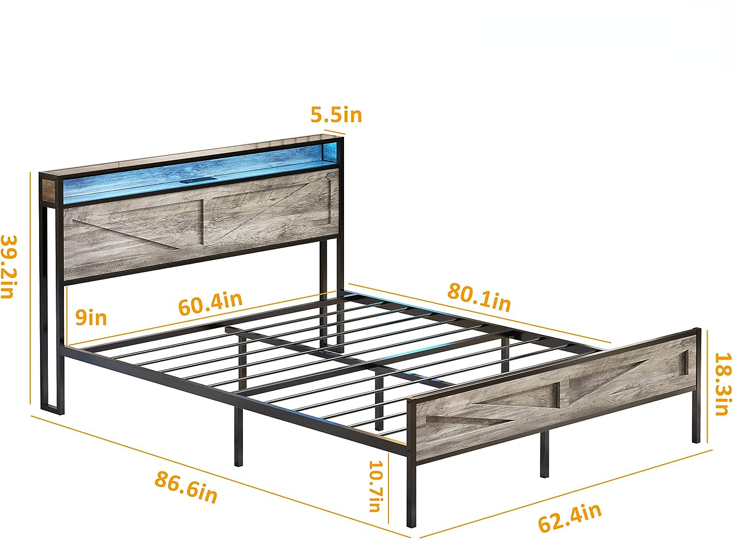 LED Size Bed Frame with Charging Station, Platform Metal Headboard Storage & USB Ports Outlets, Farmhouse Lights for Bedroom, Noise Free, Wash Grey (Queen)