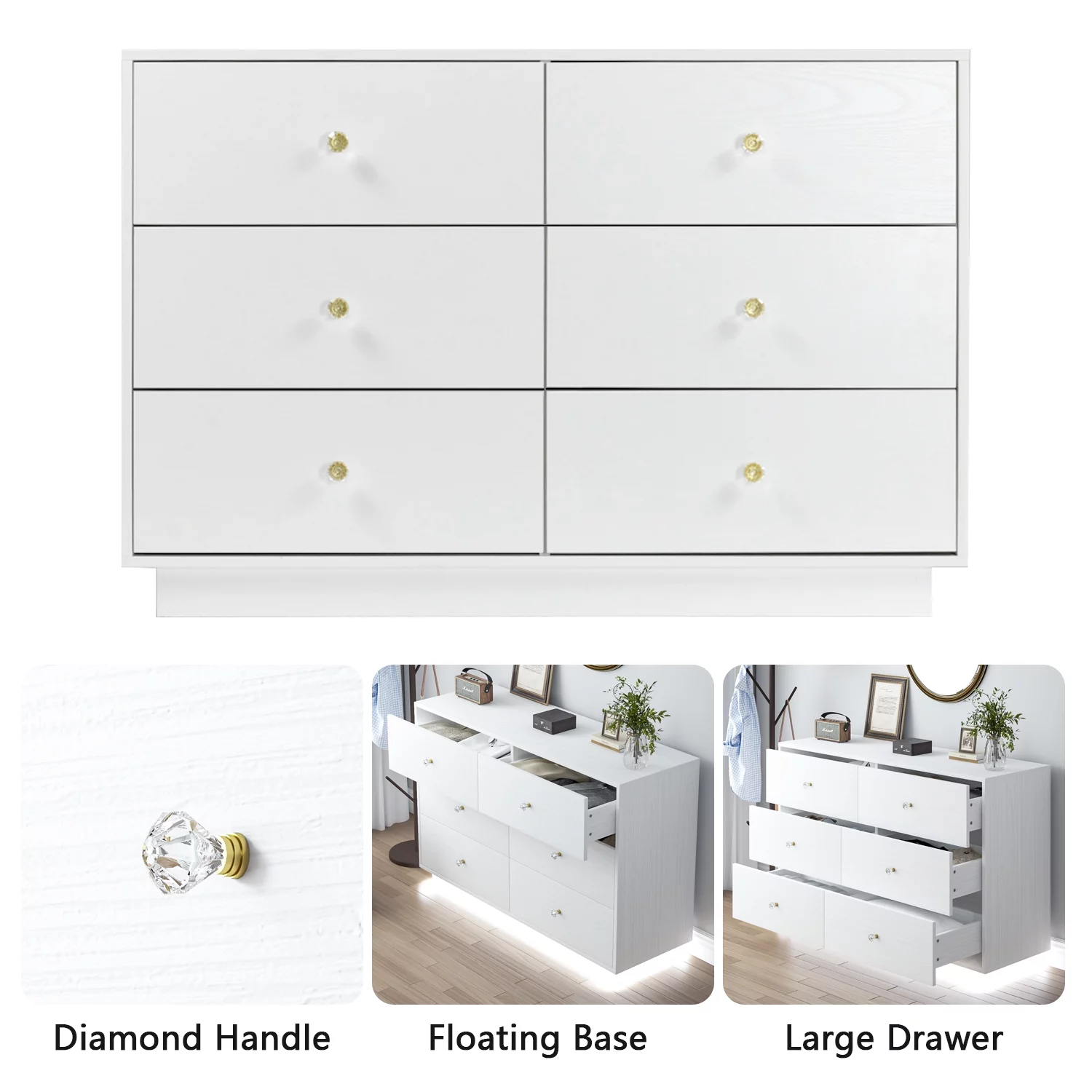 Catrimown 6 Drawer Dresser for Bedroom, White Dresser Chest of Drawers, 47'' Wide Wood Dresser for Bedroom, White