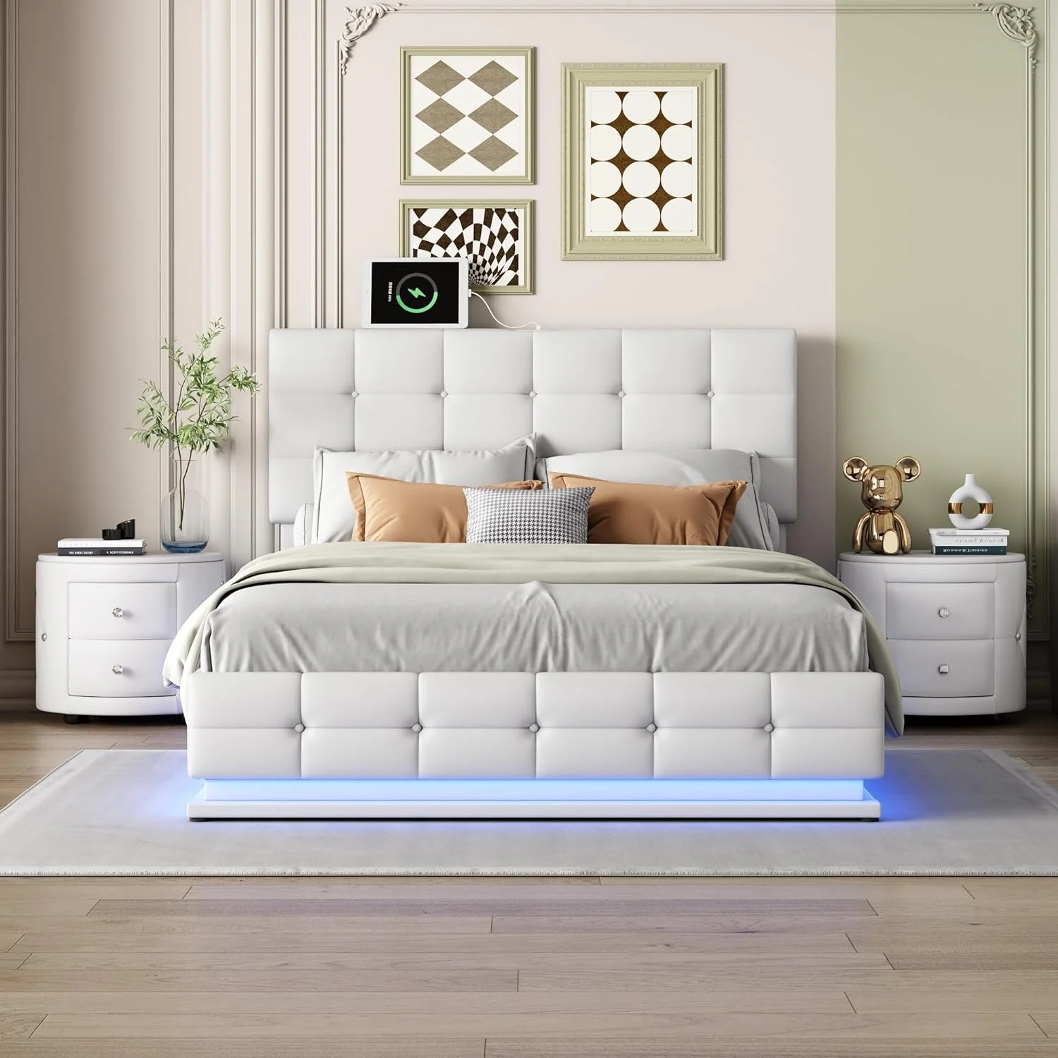 Queen Bedroom Sets, Bedroom Furniture Sets Included Queen Size Upholstered Bed Frame With Lift-Up Storage,LED Lights, USB Charging Station And Two Nightstands,White