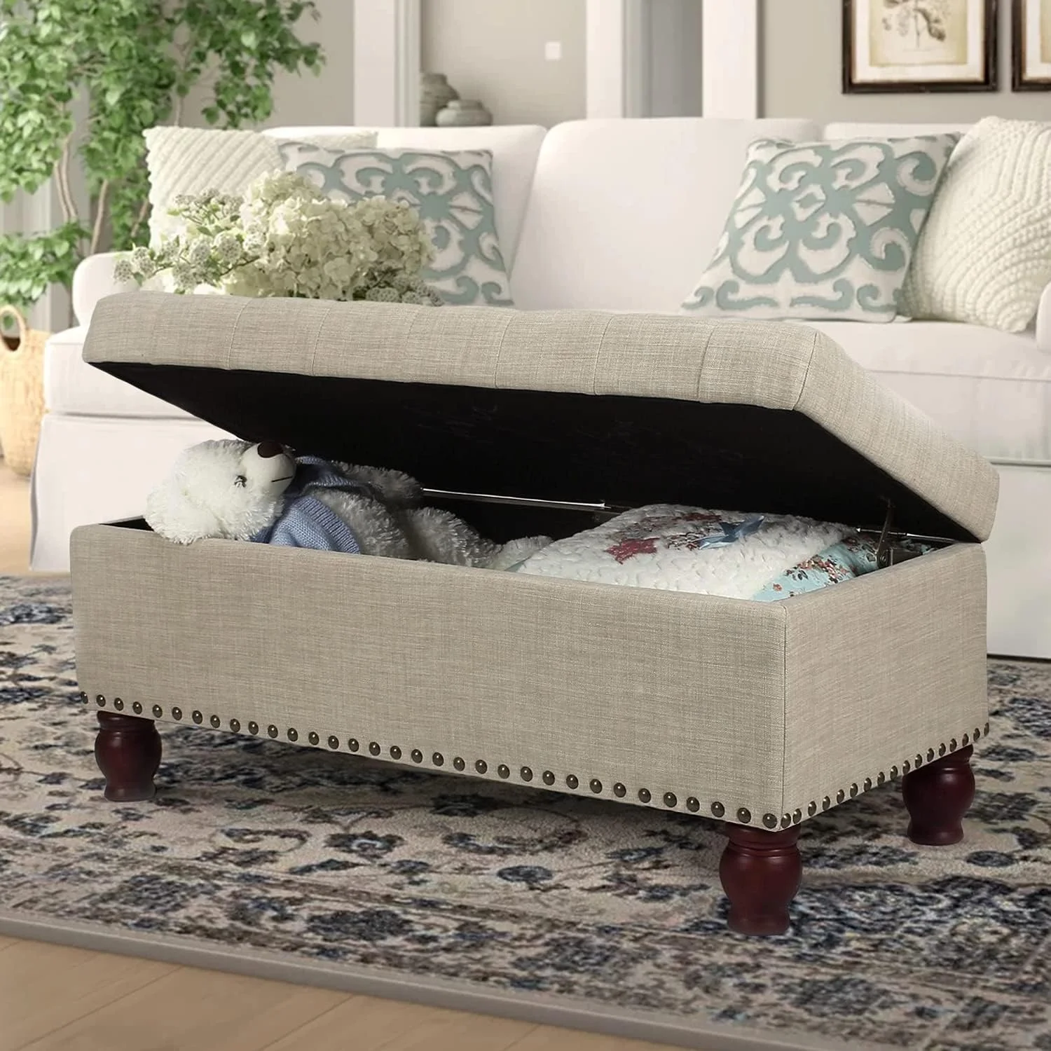 40 Inches Fabric Ottoman Bench With Storage For Living Bed Room, Button Tufted Foot Rest Stool With Solid Wood Legs (Beige)