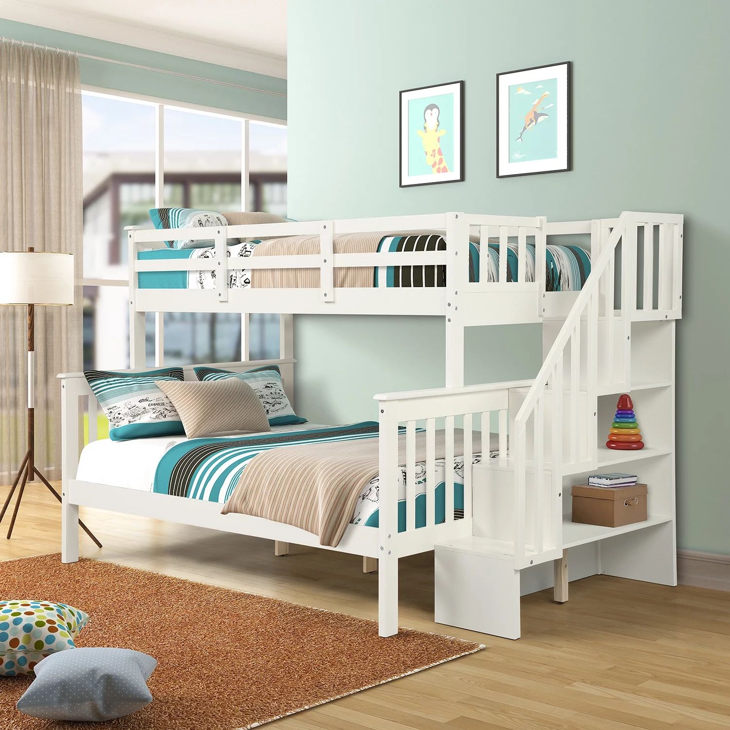 ZPL Kids Twin Over Full Bunk Bed with Stairway,3 Storage Shelves and Guard Rail,Solid Wood Bunk Beds for Adults Kids,Kids Bed for Bedroom,White