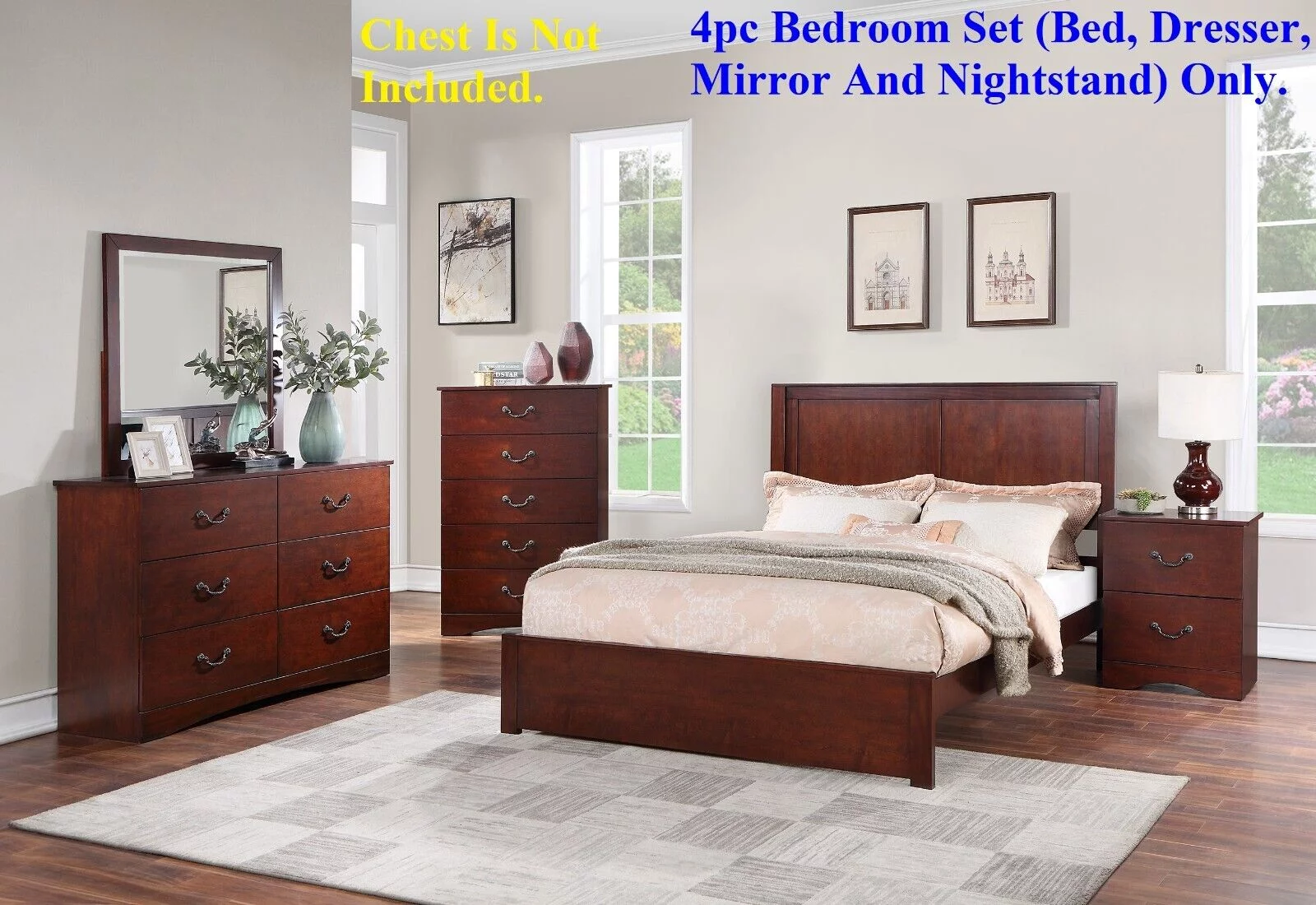 Simple Transitional Brown Finish 4pc Bedroom Set Queen Size Bed Dresser Mirror Nightstand Wooden Furniture