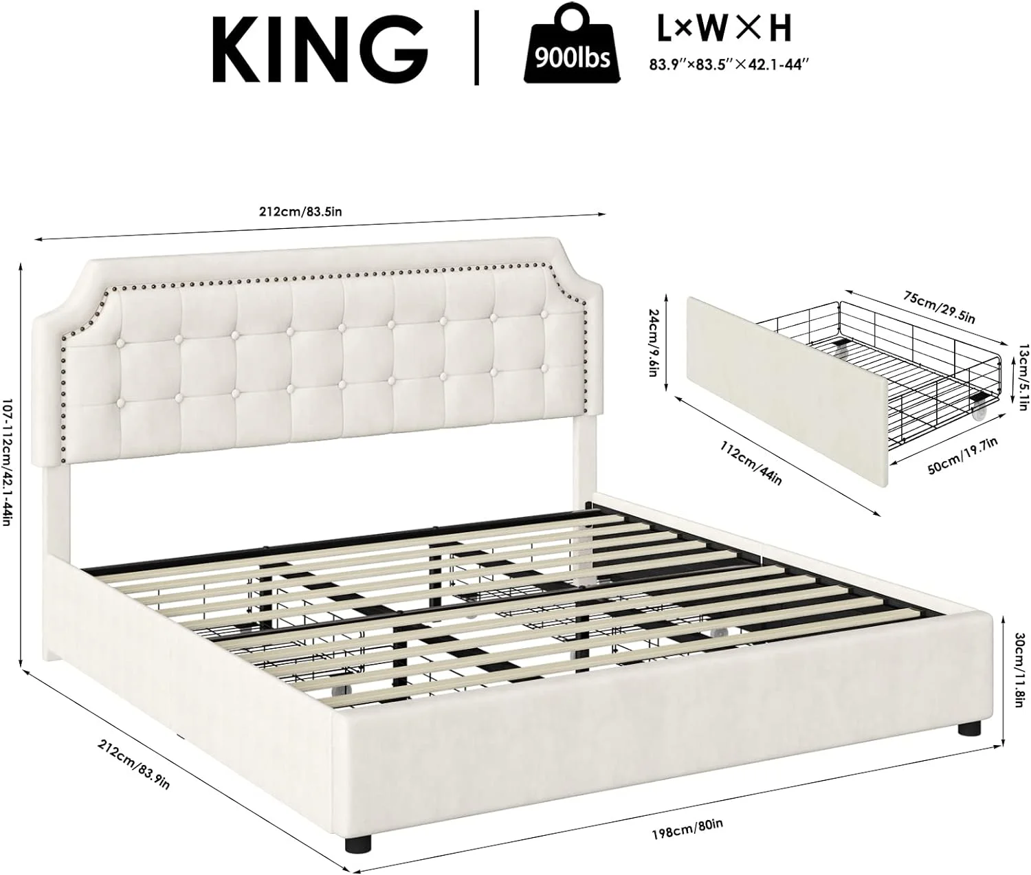 King Size Bed Frame with 4 Drawers, Velvet Upholstered Platform Storage Bed with Curved Button Tufted Headboard with Nailhead Trim, Solid Wooden Slats Support, No Box Spring Needed, Beige