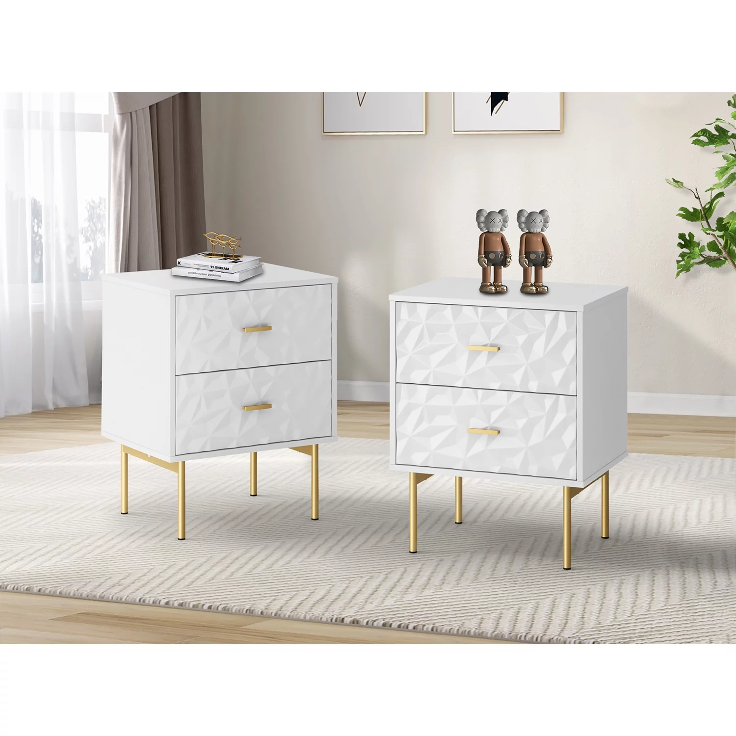 2 Drawers Nightstand Dresser Contemporary Classic Bedside Table Set of 2 for Bedroom Home Decor,White
