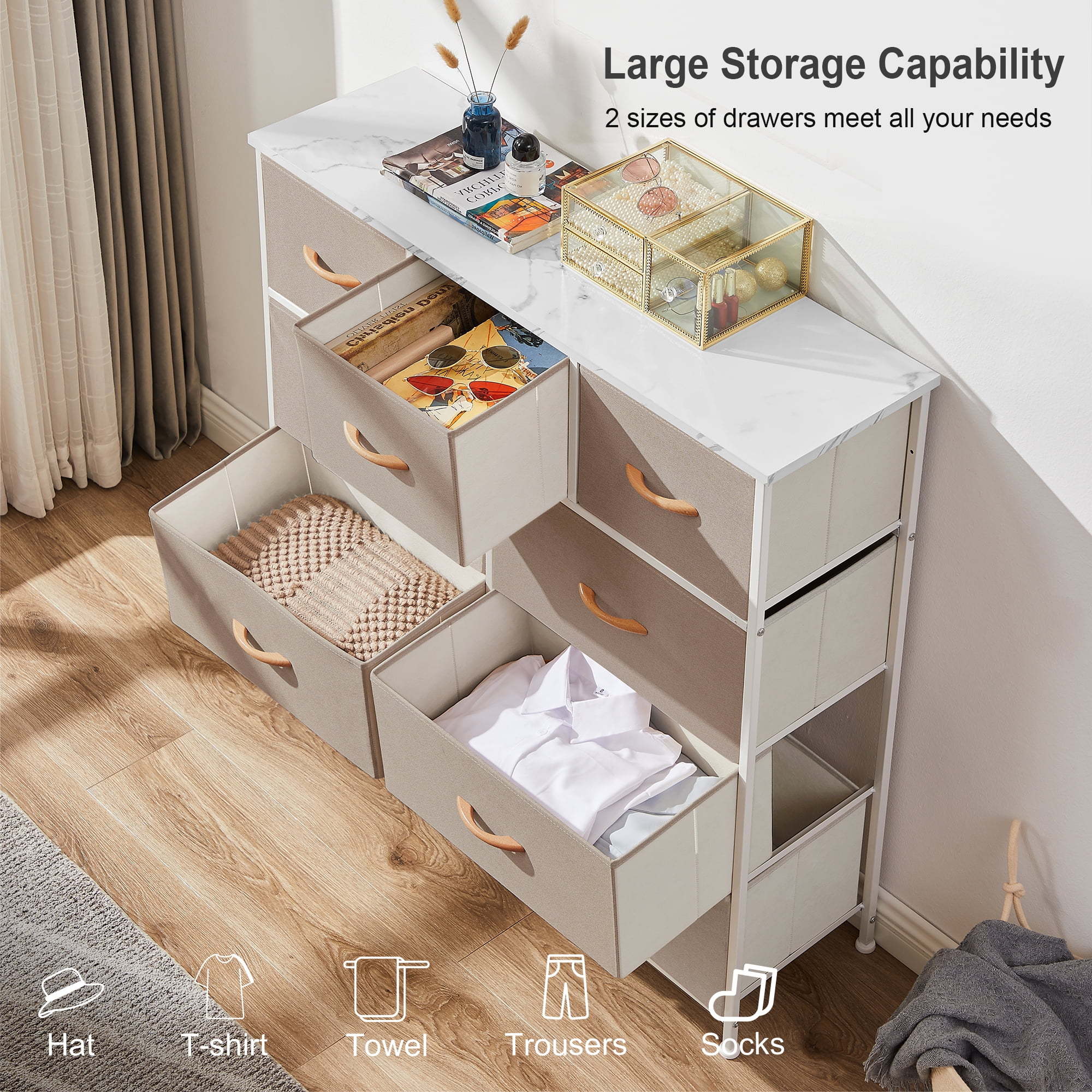 Bigroof Cream 9 Drawer Dresser for Bedroom, Fabic Dresser Organizer with Wooden Handle