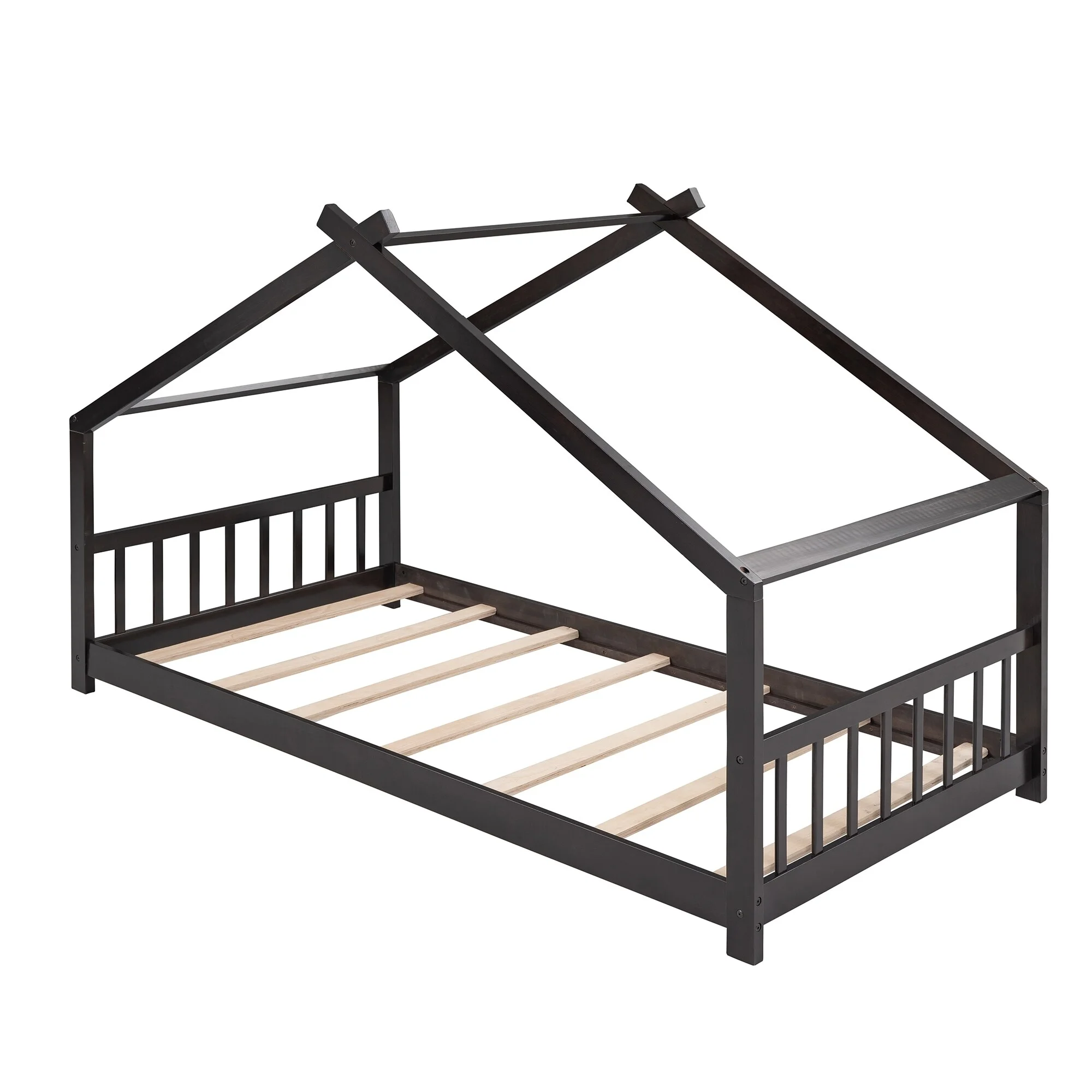 Wood Low House Bed with Headboard and Footboard, Montessori Platform Bed Frame for Boys Girls, No Box Spring Needed Espresso - Twin
