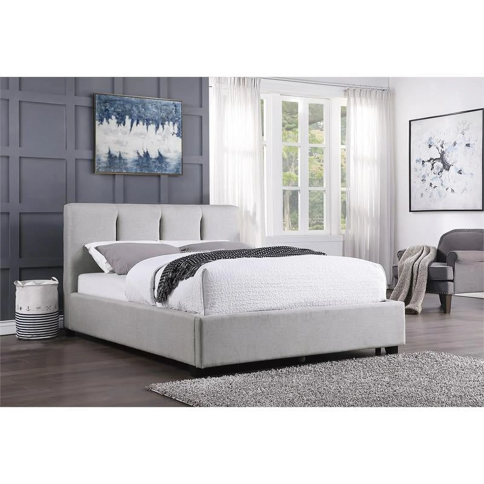 Pemberly Row Fabric Full Platform Bed with Storage Drawer in Gray