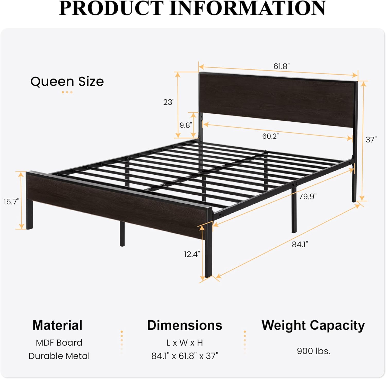 QCAI Queen Bed Frame with Headboard, Heavy Duty Platform Bed with Under-Bed Storage, Solid Metal Construction, No Box Spring Needed, Easy Assembly, Black Oak