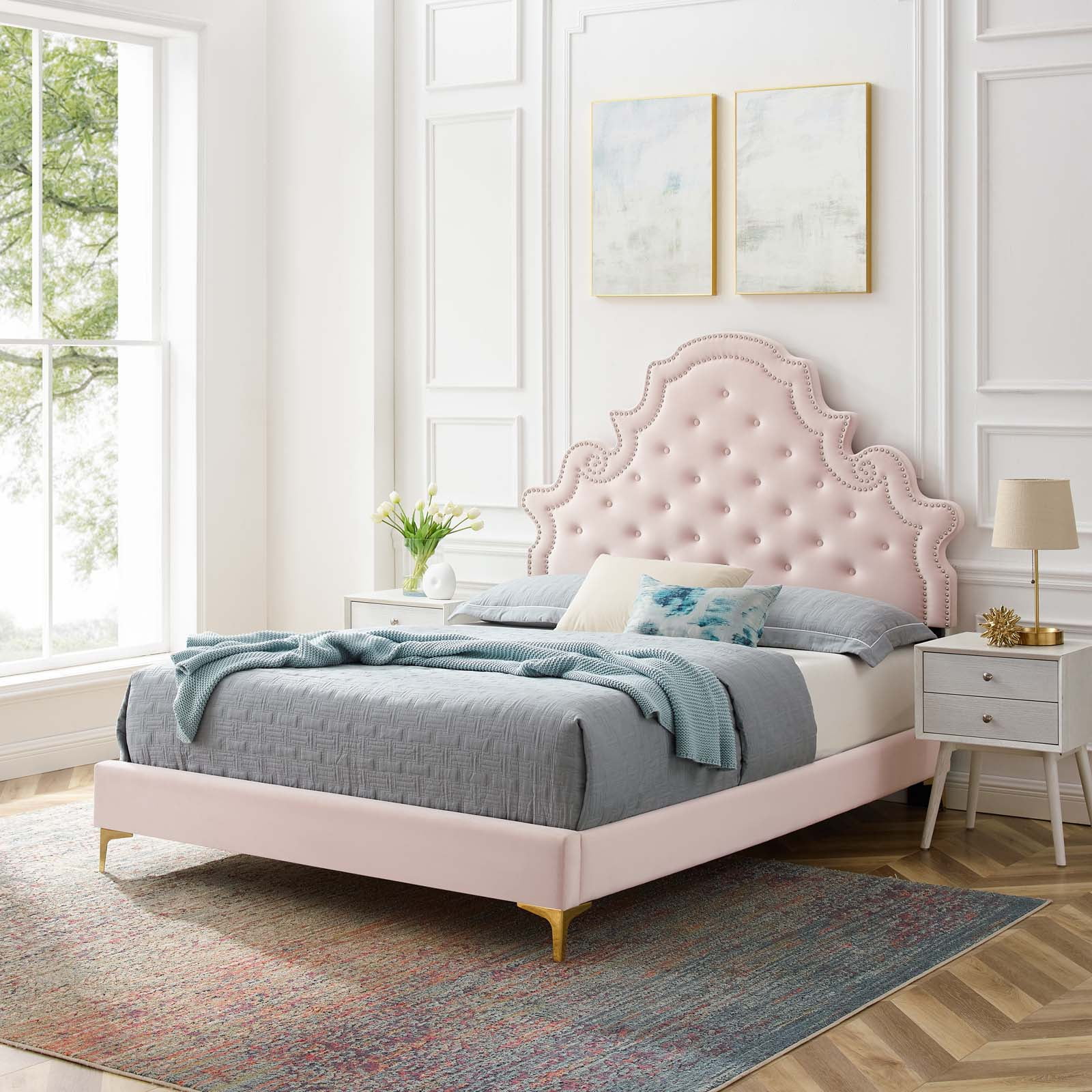 Modway Gwyneth Tufted Performance Velvet King Platform Bed in Pink