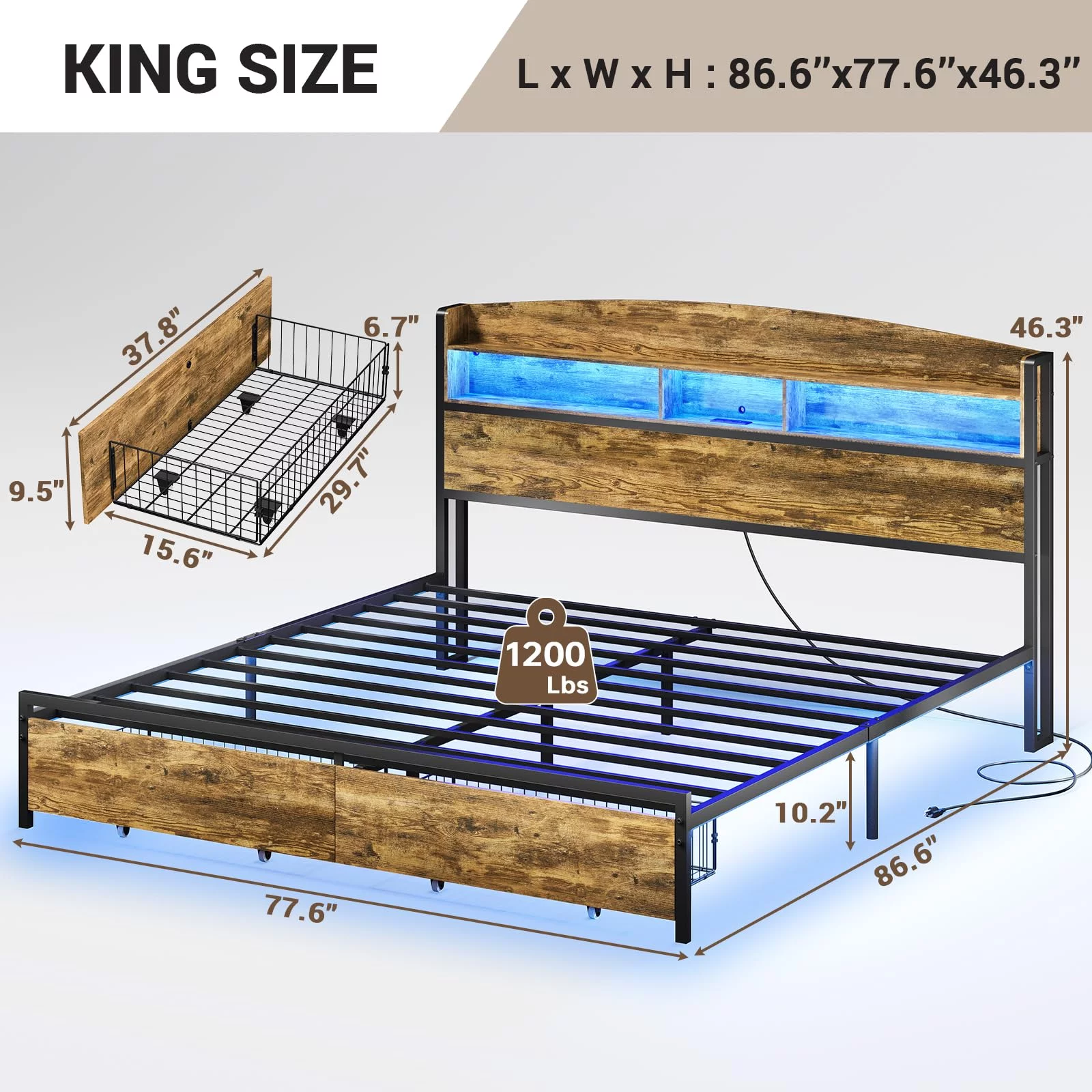 King Size Metal Platform Bed Frame with RGB Light Headboard and Charging Station, LED Bed Frame with 2 Storage Drawers, No Box-Spring Needed, Rustic Brown