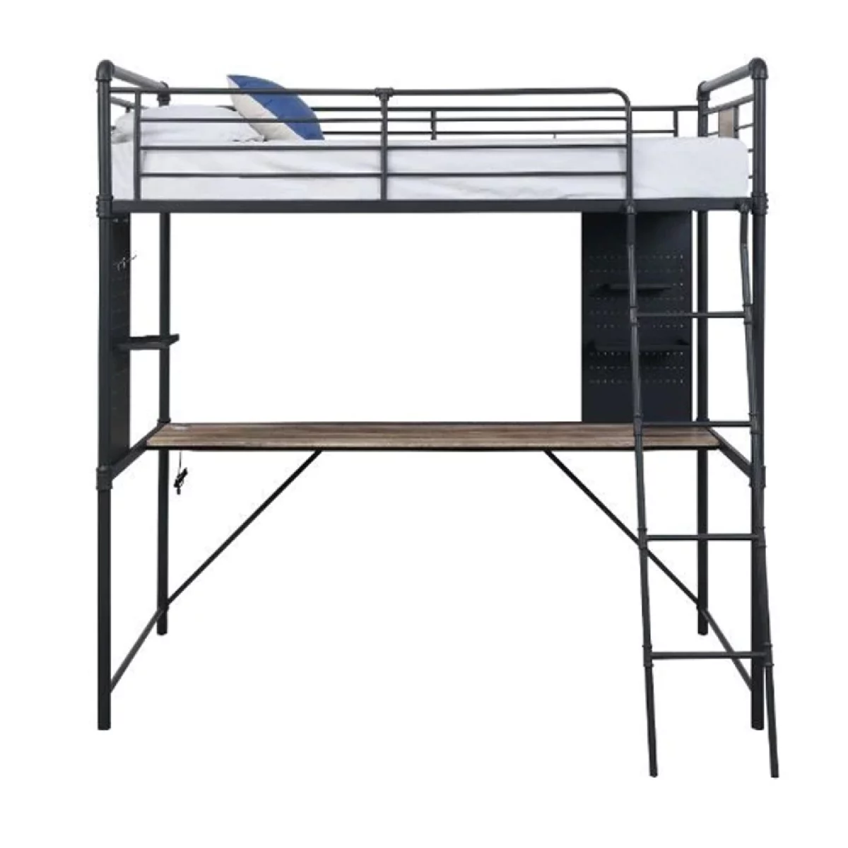Benjara Twin Loft Bed with Metal Angled Ladder and Desk, Bronze