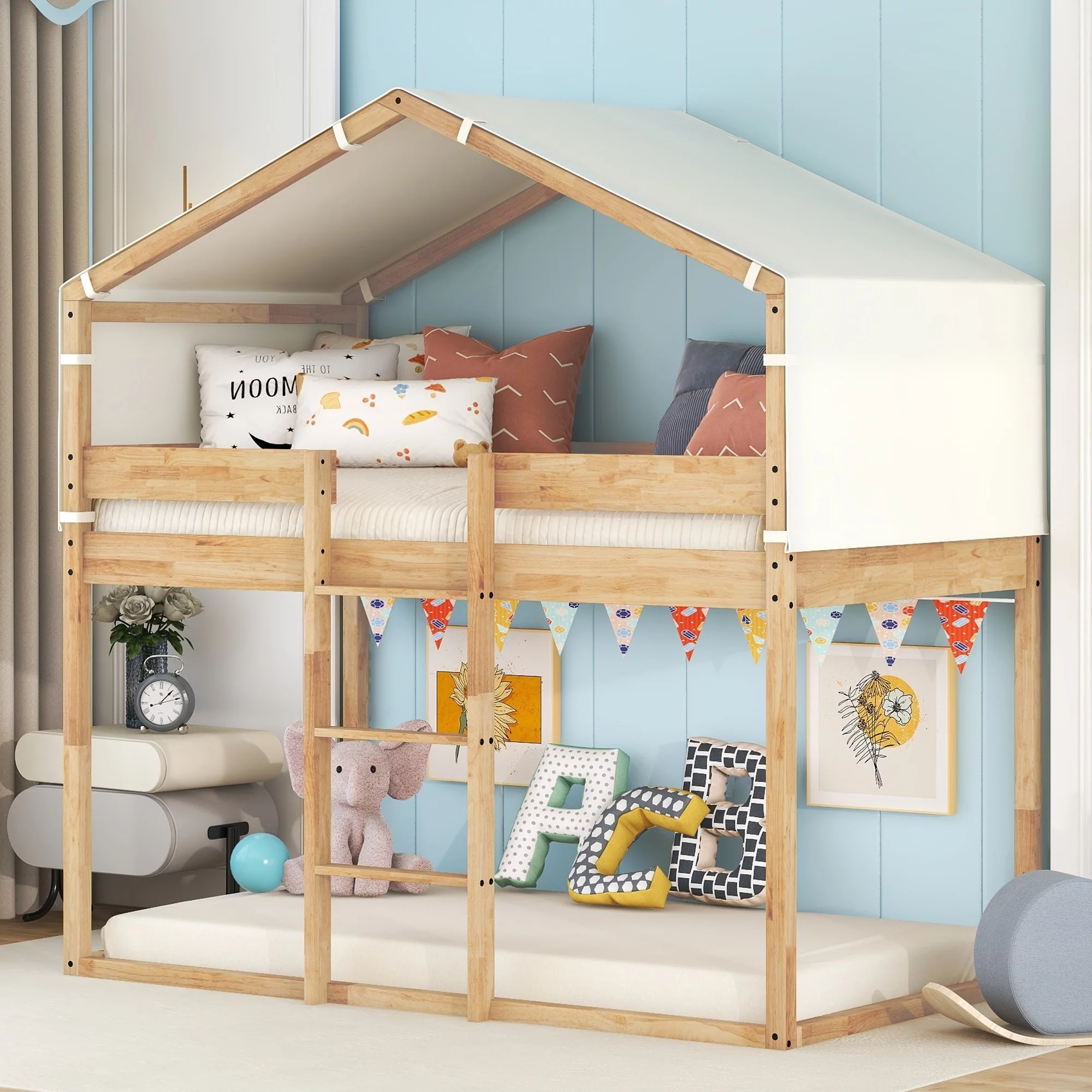 Euroco Twin over Twin Tent House Bunk Bed with Tent for Kids Bedroom, Natural