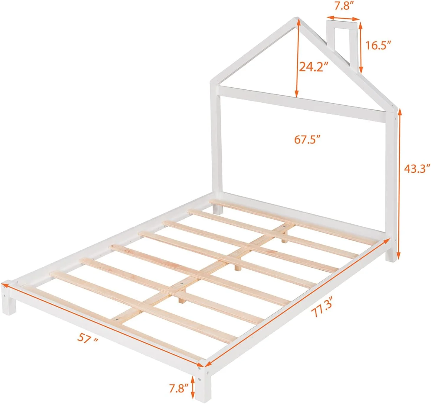 Full Bed Frame For Kids, Wood Plaform Bed Wih House Shape Headboard, Low Full Size Bed For Girls Boys, o Box Sprig eeded, Whie