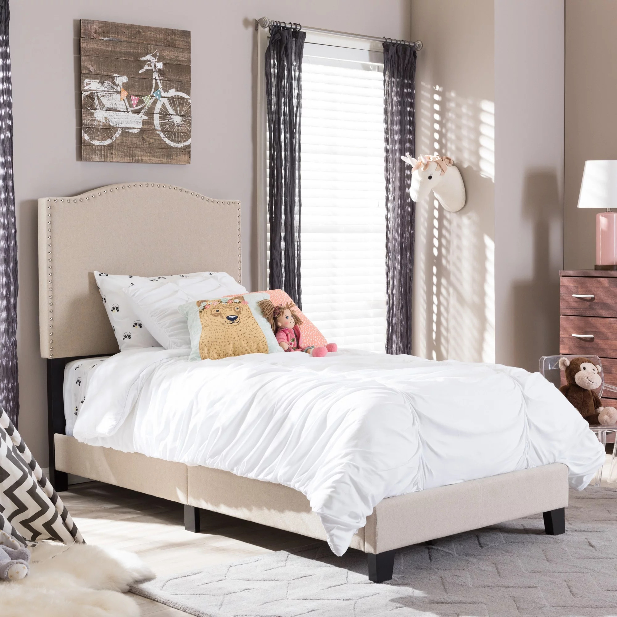 Baxton Studio  Bakchos Modern and Contemporary Beige or Grey Upholstered Twin Size Arched Platform Bed with Nailheads Beige
