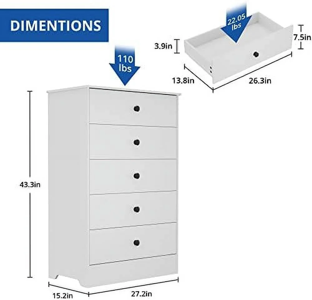 KHBIULIFE Modern 5 Drawer Dresser Organizer Chest Chest Dressers Organizer with Large Chest of Drawer for Bedroom 43.3" Tall Chest of Drawers with White