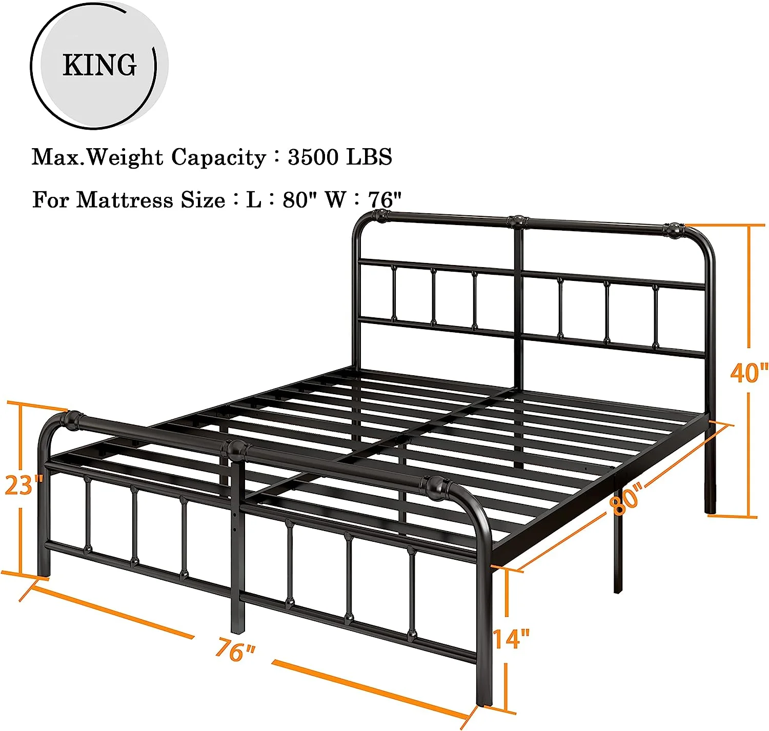 YINCHEN King Size Bed Frame with Headboard and Footboard,14 Inch High Metal Platform, 3500lbs Support,No Box Spring Needed,Noise Free, Easy Assembly,Black