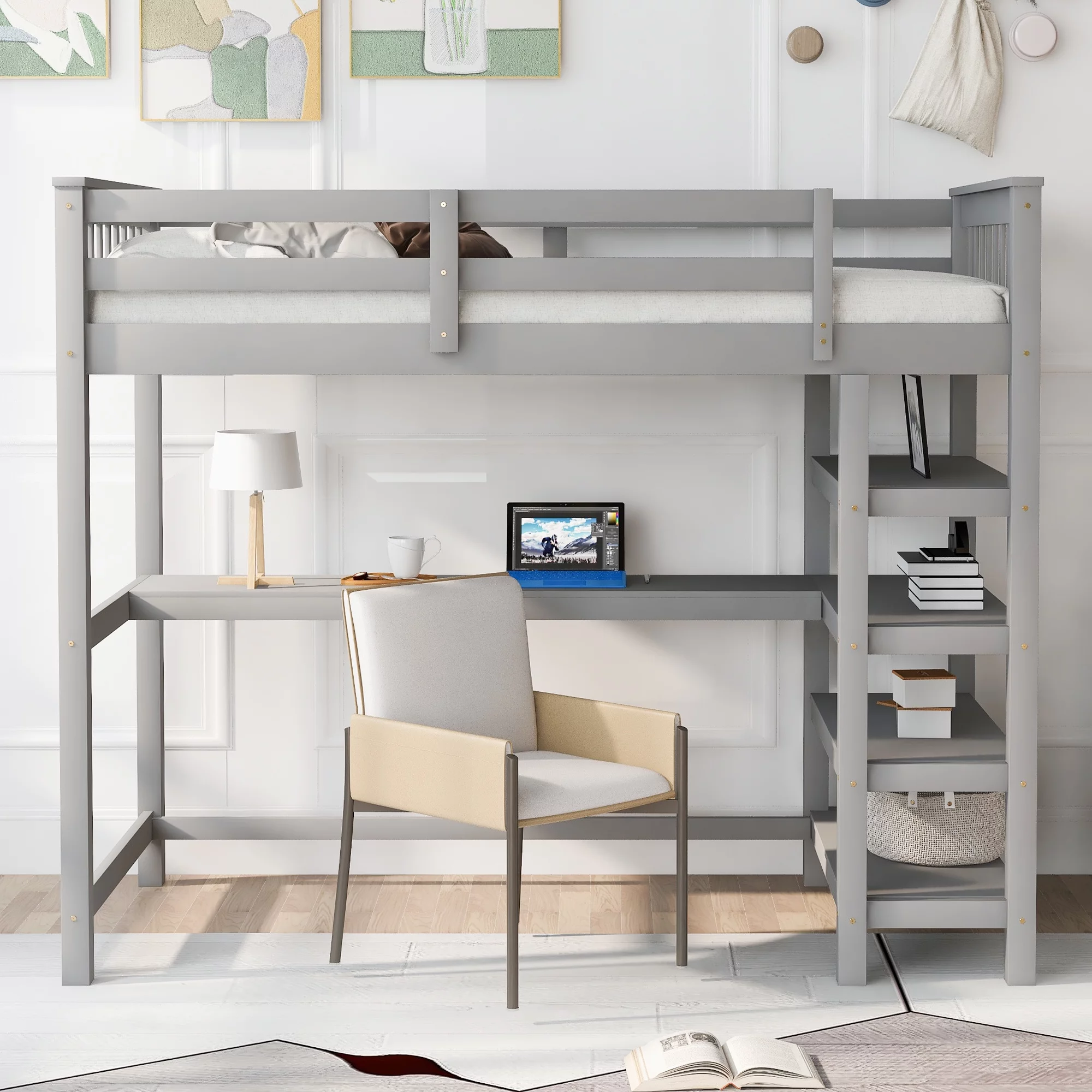 CoSoTower Twin Size Loft Bed With Storage Shelves And Under-Bed Desk, Gray