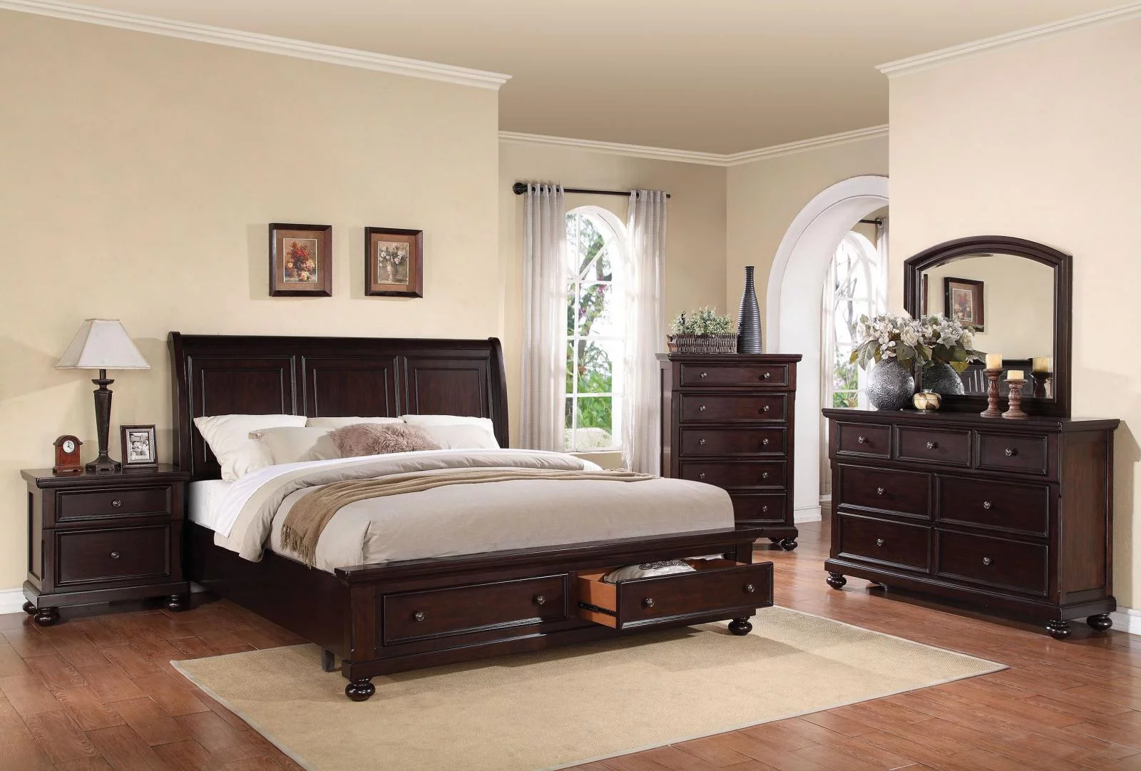 Acme Furniture 24610Q Grayson Dark Walnut Sleigh Storage Queen Bedroom Set 4Pcs