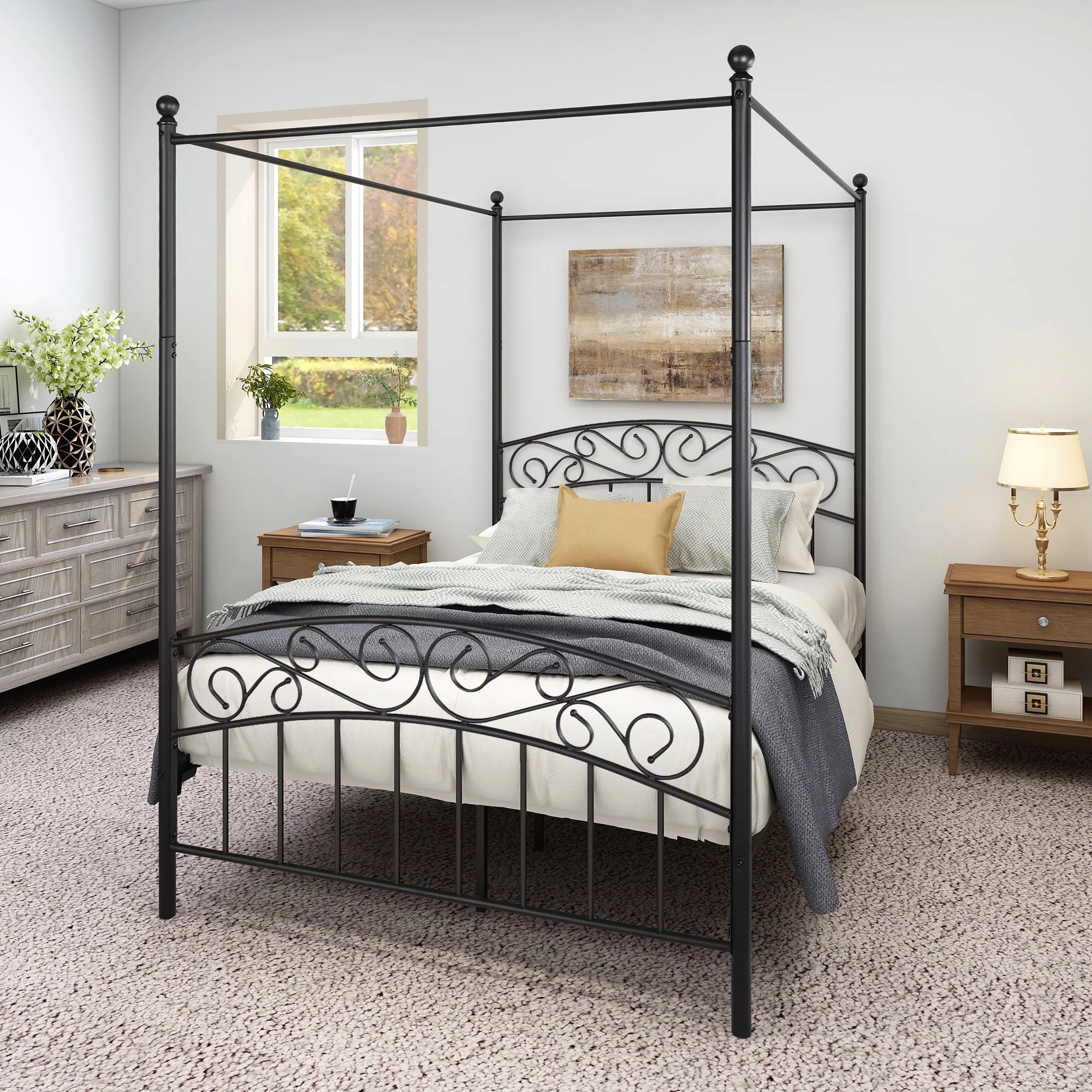 Metal Canopy Bed Frame with Ornate European Style Headboard & Footboard Sturdy Steel Holds 600lbs Perfectly Fits Your Mattress Easy DIY Assembly All Parts Included, Full Black
